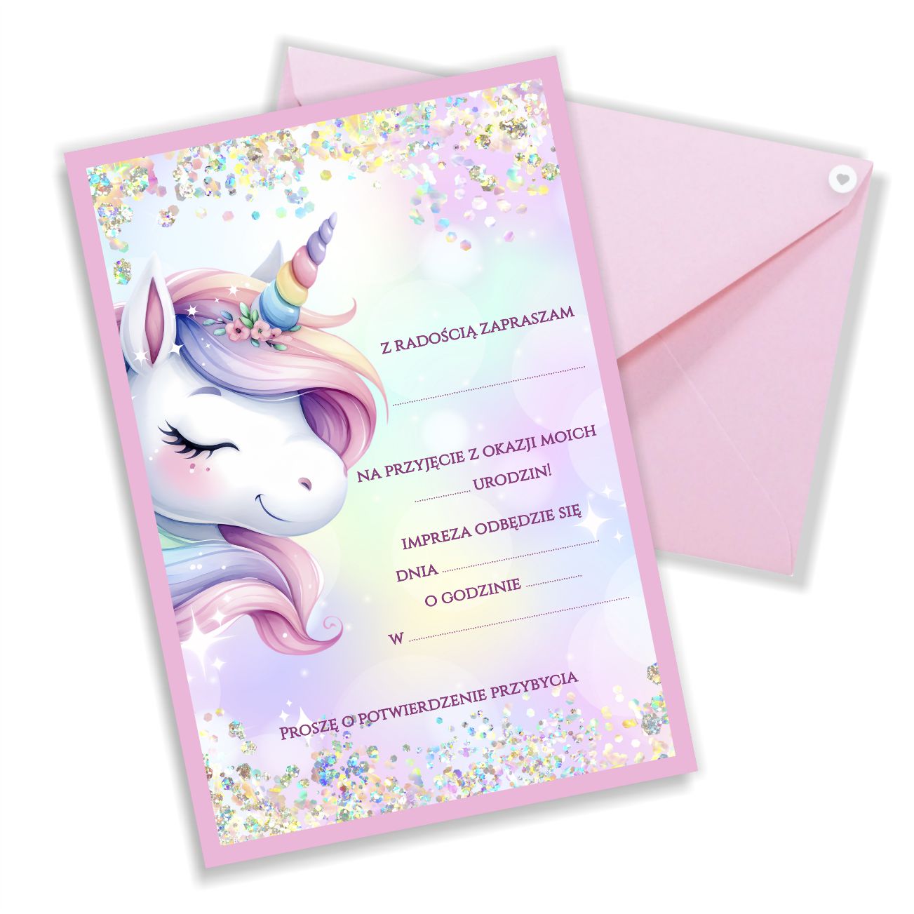 ZAPROSZENIE NA URODZINY DZIECI JEDNOROŻEC + RÓŻOWA KOPERTA