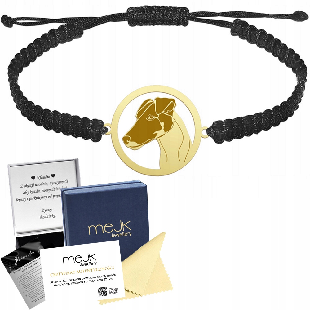 Zlatý náramek s krátkosrstým psem Foksterier 925 Makramé Gravírování Bonus