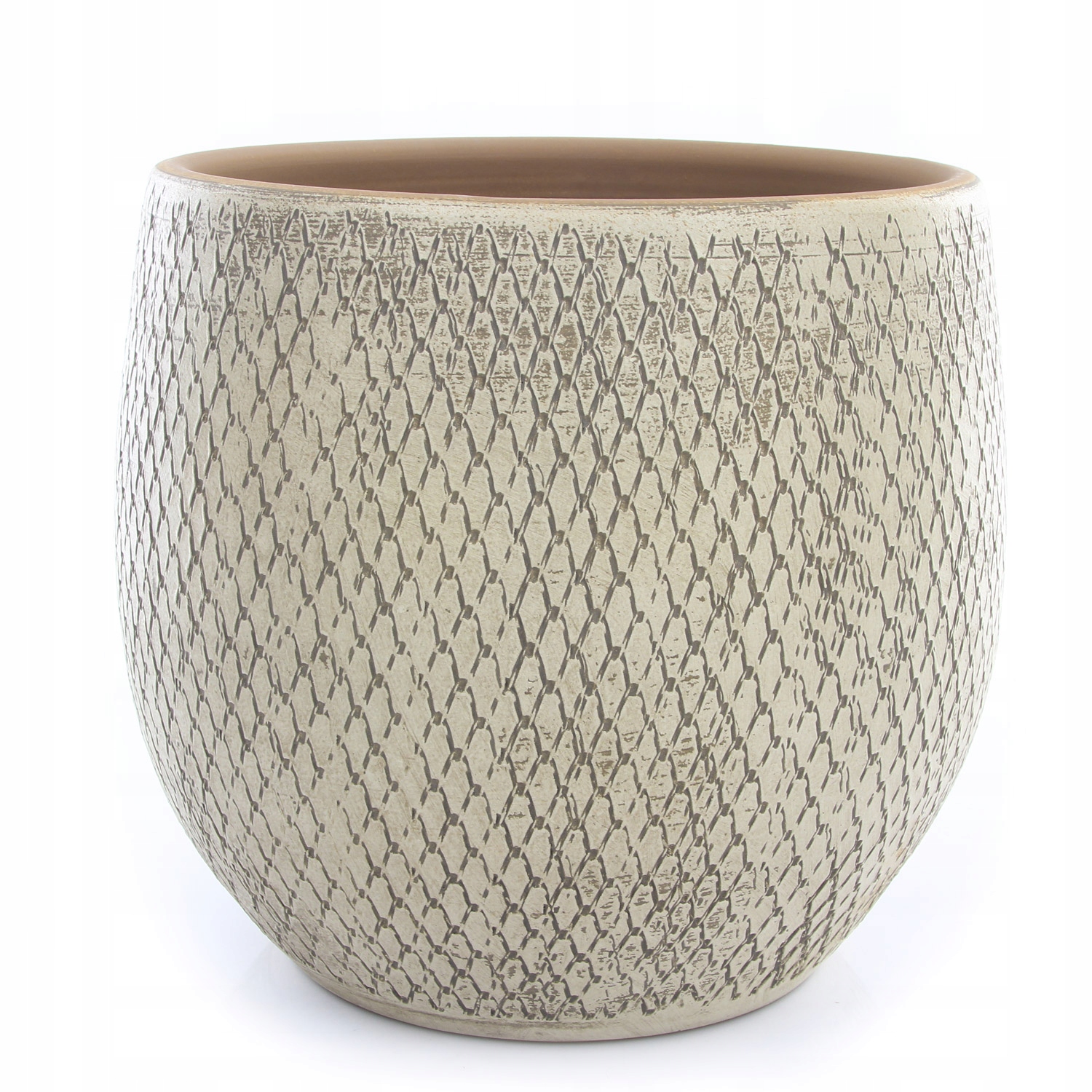 zdobiona okrągła duża osłonka ceramiczna donica kremowa Madeira 32 kremowy