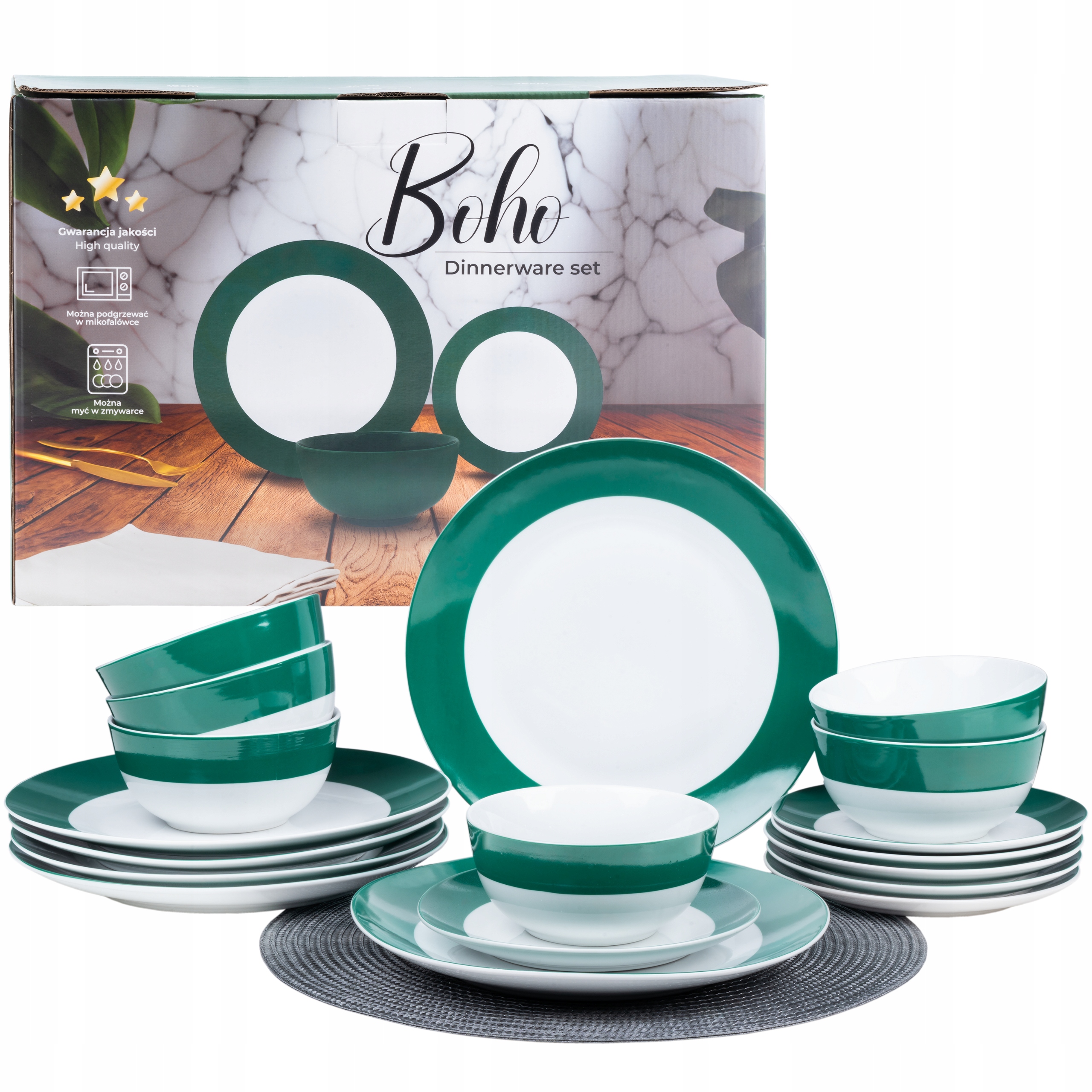 SERWIS OBIADOWY BOHO KOMPLET TALERZY 18EL. ZASTAWA NA 6 OSÓB ZIELONO-BIAŁY