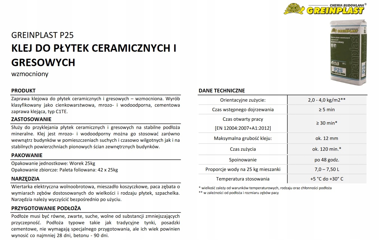 Klej do płytek i gresu Greinplast P25 25kg Marka Greinplast