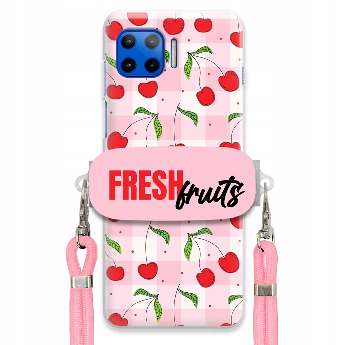 Pouzdro pro Motorola G 5G Plus Case Držák Šňůrka Růžová Fresh Fruits Mřížka