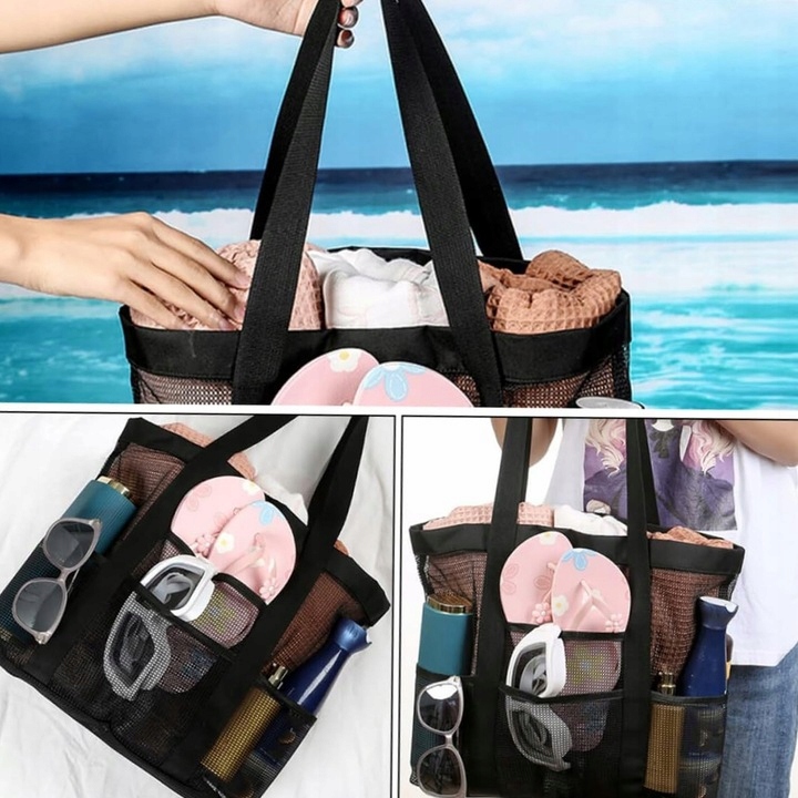 DUŻA TORBA PLAŻOWA NA PLAŻĘ BASEN RAMIĘ PRZEWIEWNA SKŁADANA SIATKA PIASEK Głębokość produktu 15 cm