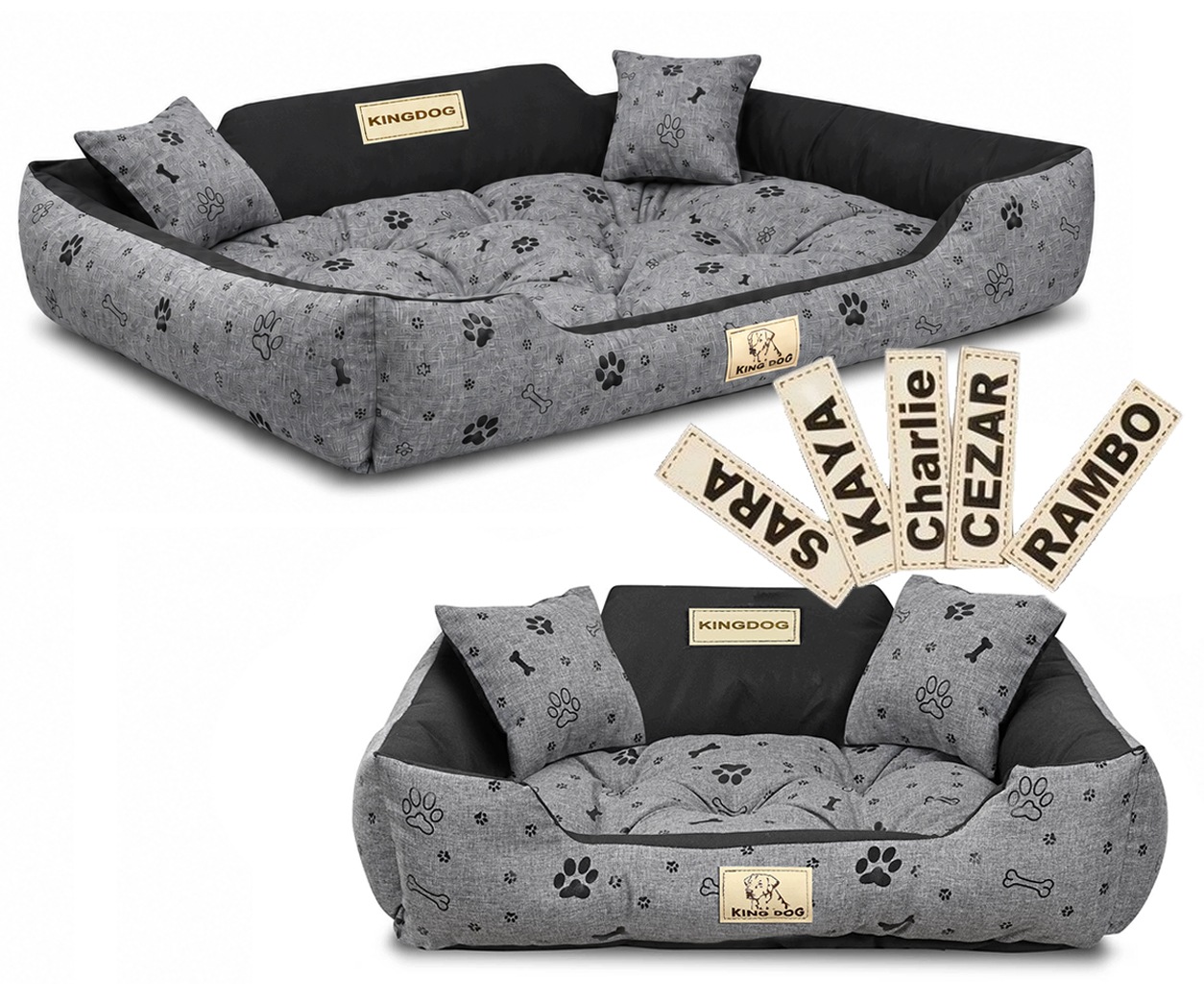 Pelíšek pro psa kotec Kingdog 115x95 cm voděodolné černé kosti jméno