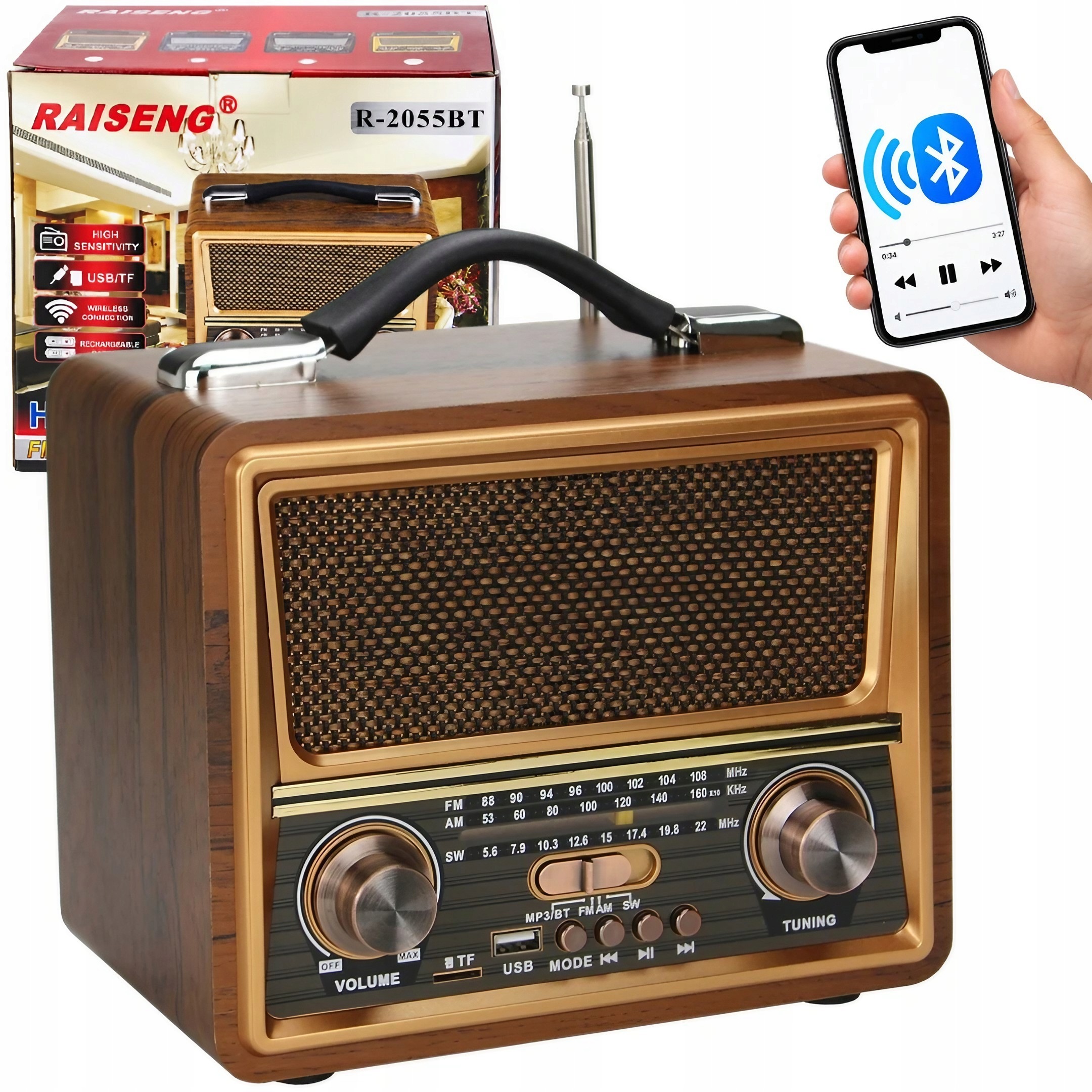 Síťové Rádio Fm Přenosné Na Baterie Akumulátor Retro Bt Reproduktor