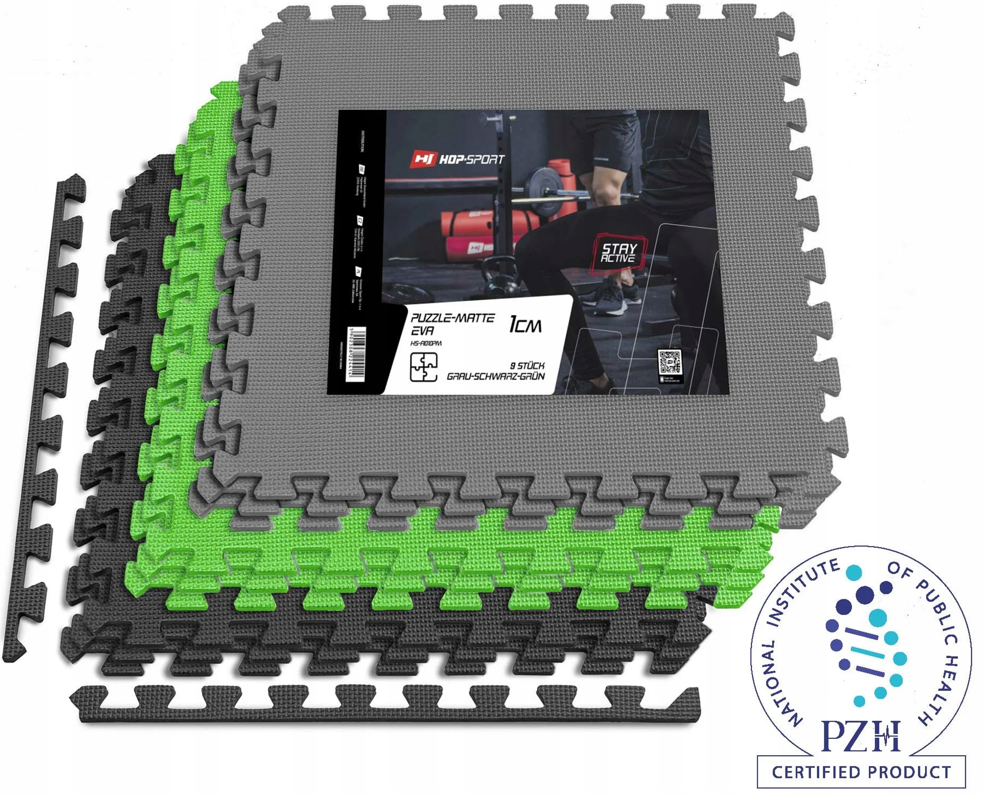 Podložka puzzle Eva 1cm černo/šedo/zelená 9 ks