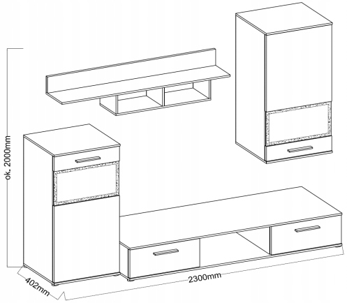 Meblościanka EMMA+komoda oświetlenie LED, 3 kolory Kolor mebla dąb sonoma