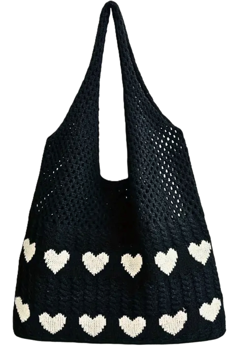TORBA DAMSKA MŁODZIEŻOWA DZIANINOWA DZIERGANA CZARNA LETNIA BOHO SIATKA
