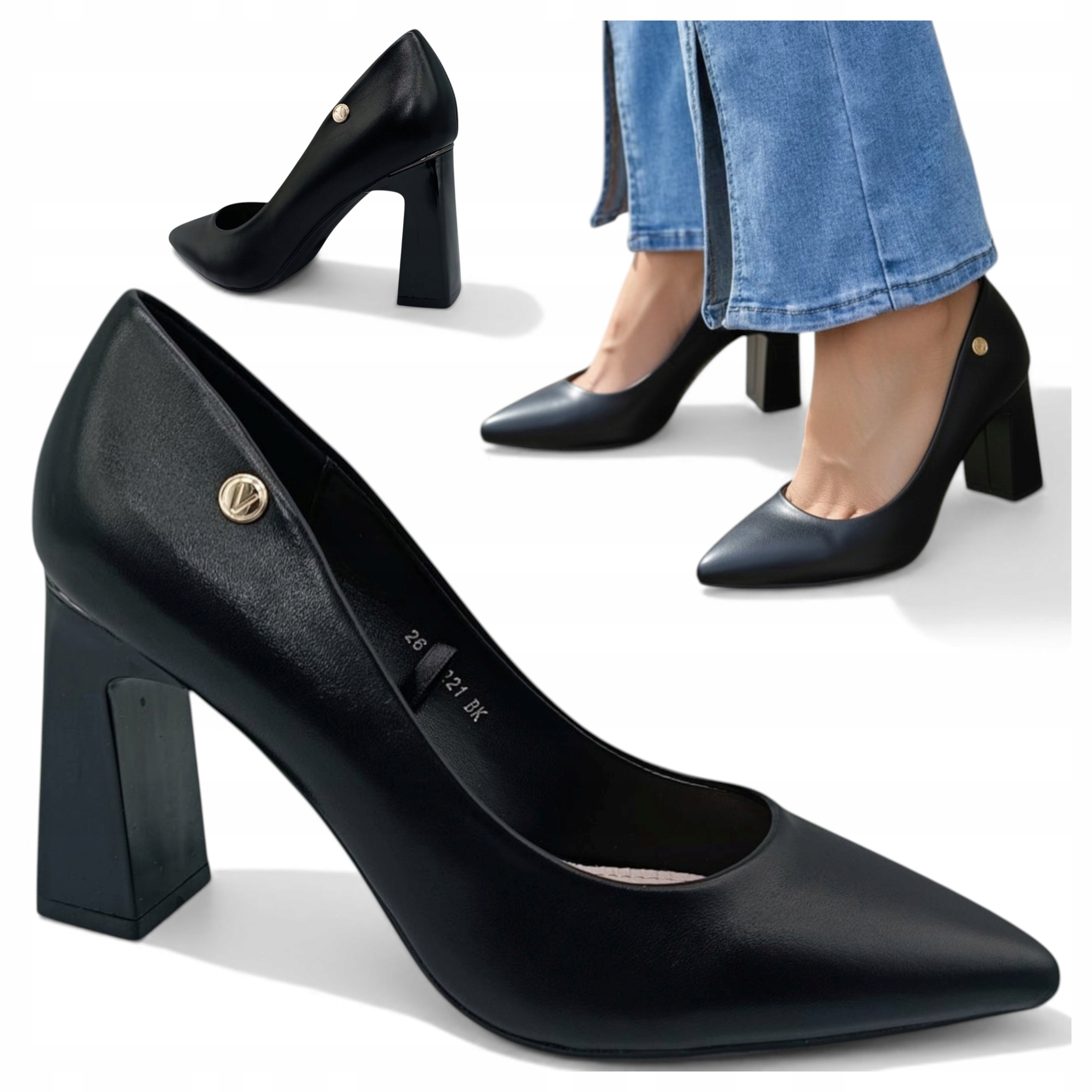 Czółenka Damskie na Słupku 8cm 36 Wsuwane Półbuty Czarne Vinceza