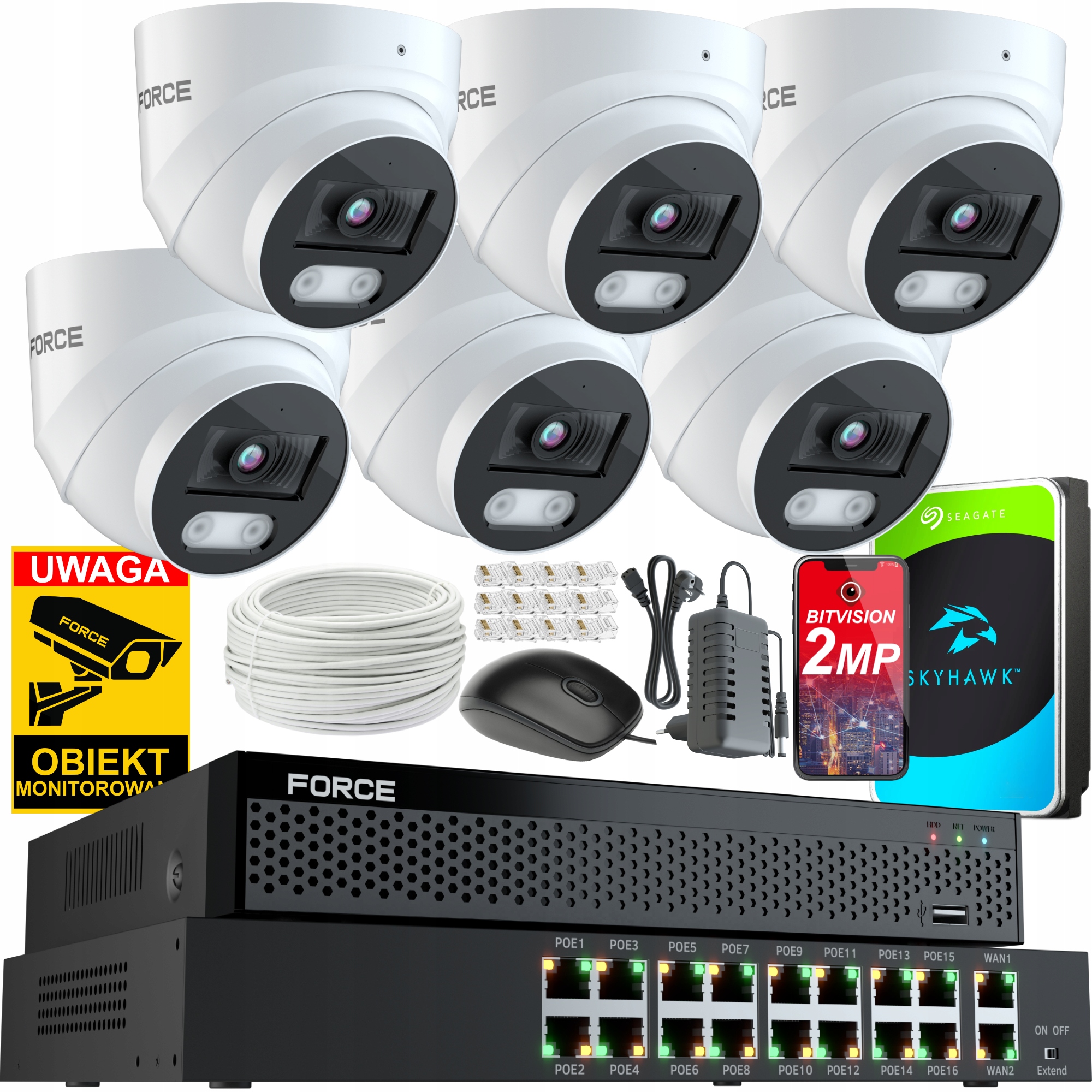 Force Monitorovací sada 6x Ip kamera 2MPx Full Hd, Disk 1TB Switch 16POE