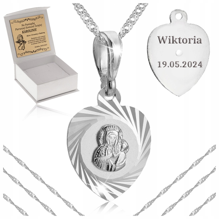 SREBRNY ŁAŃCUSZEK SINGAPUR + MEDALIK 925 MATKA BOSKA CZĘSTOCHOWSKA + GRAWER