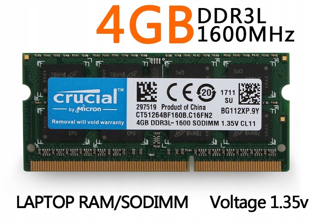 CRUCIAL 4GB DDR3L 1600MHz PC3L-1600S CT51264BF160B EAN (GTIN) 0708702293804