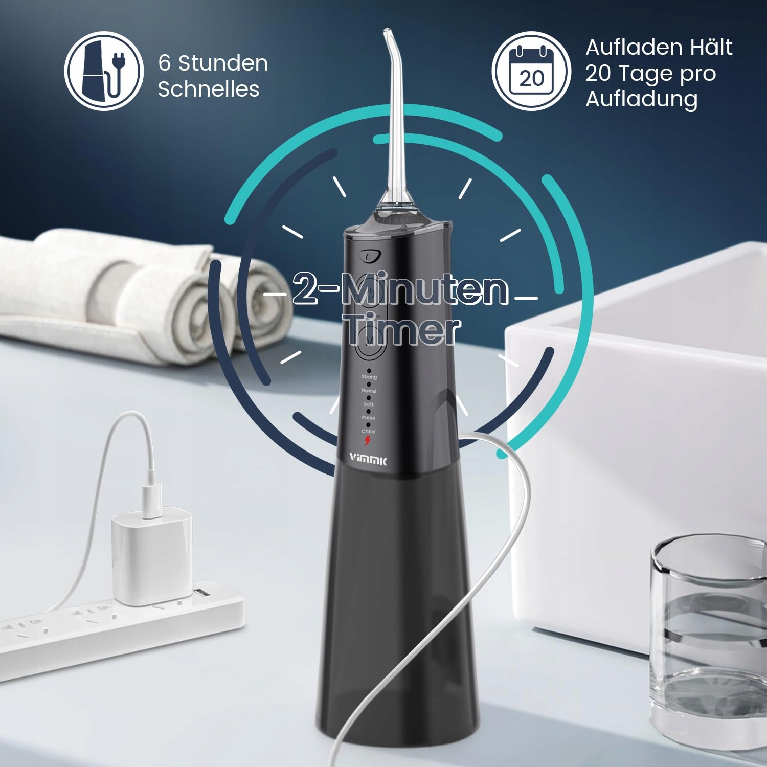 VIMMK Bezprzewodowy Irygator Do Zębów 5 Trybów 8 Dysz IPX7 300ML USB-C — miniatura 7