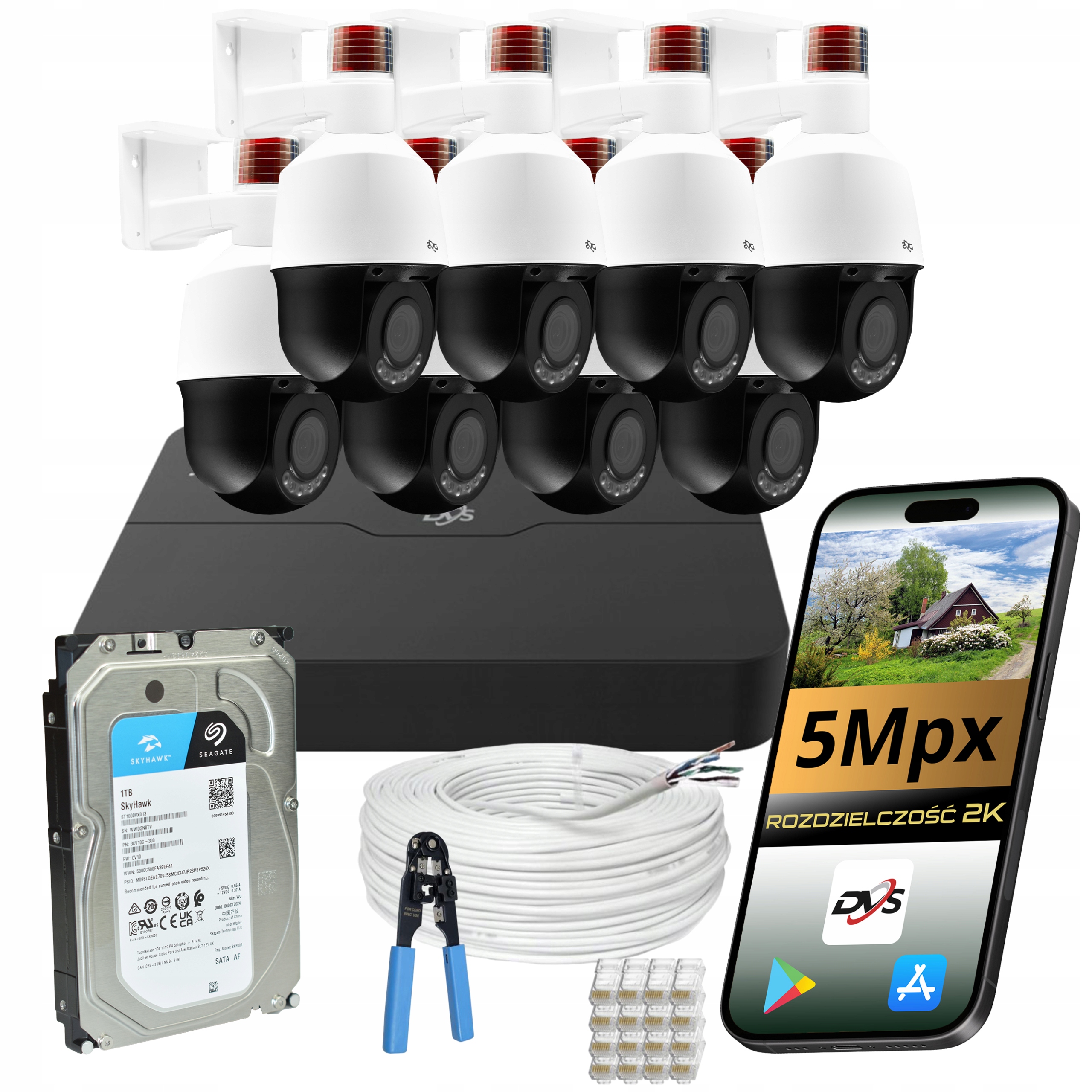 Sada 8 Kamer Pro Monitorování Otočná Kamera 5MPX Poe Ip Ptz Ai Disk 1TB