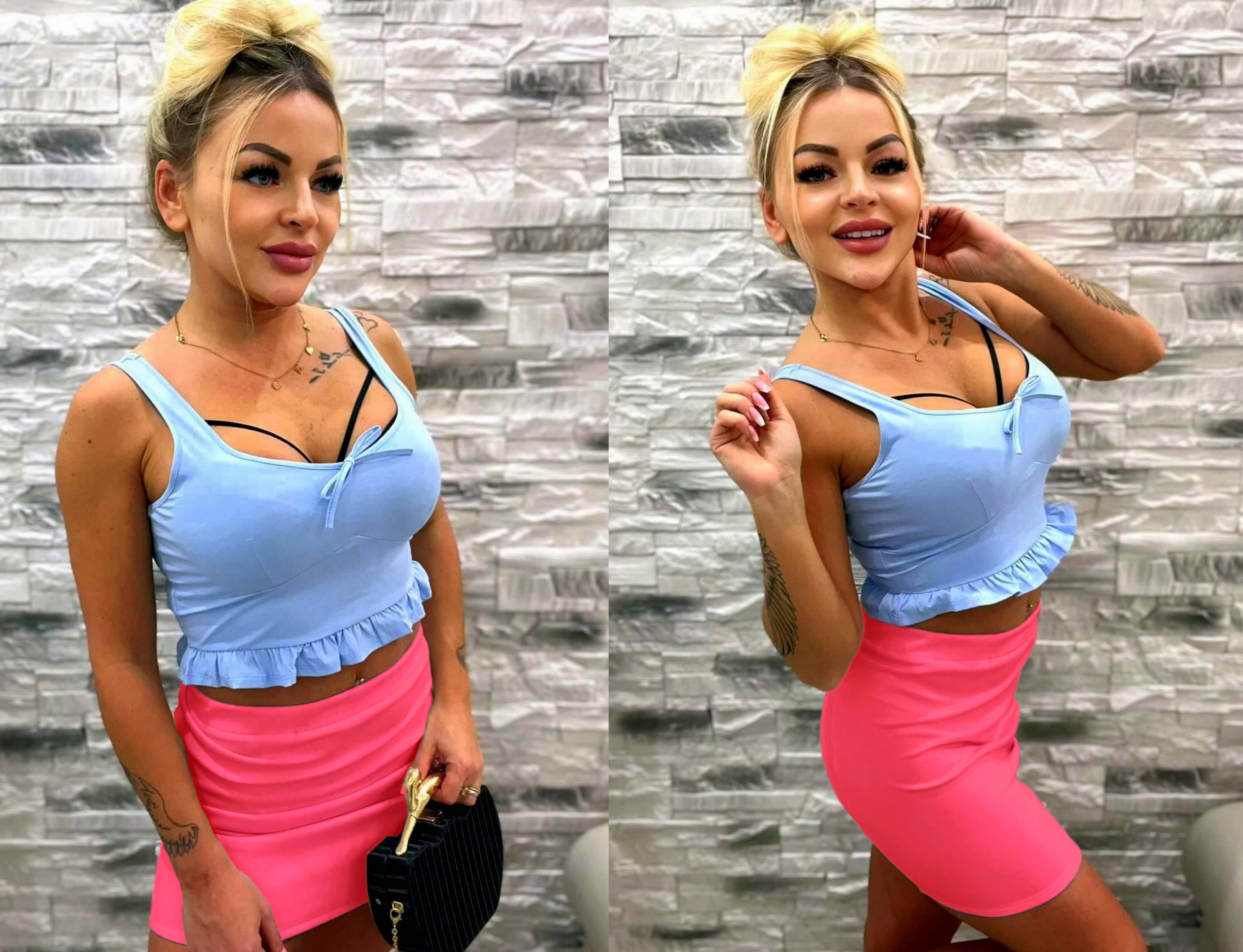 RÓŻOWA Spódniczka MINI NEON ołówkowa NEONOWY RÓŻ na GUMCE S/M Wzór dominujący bez wzoru