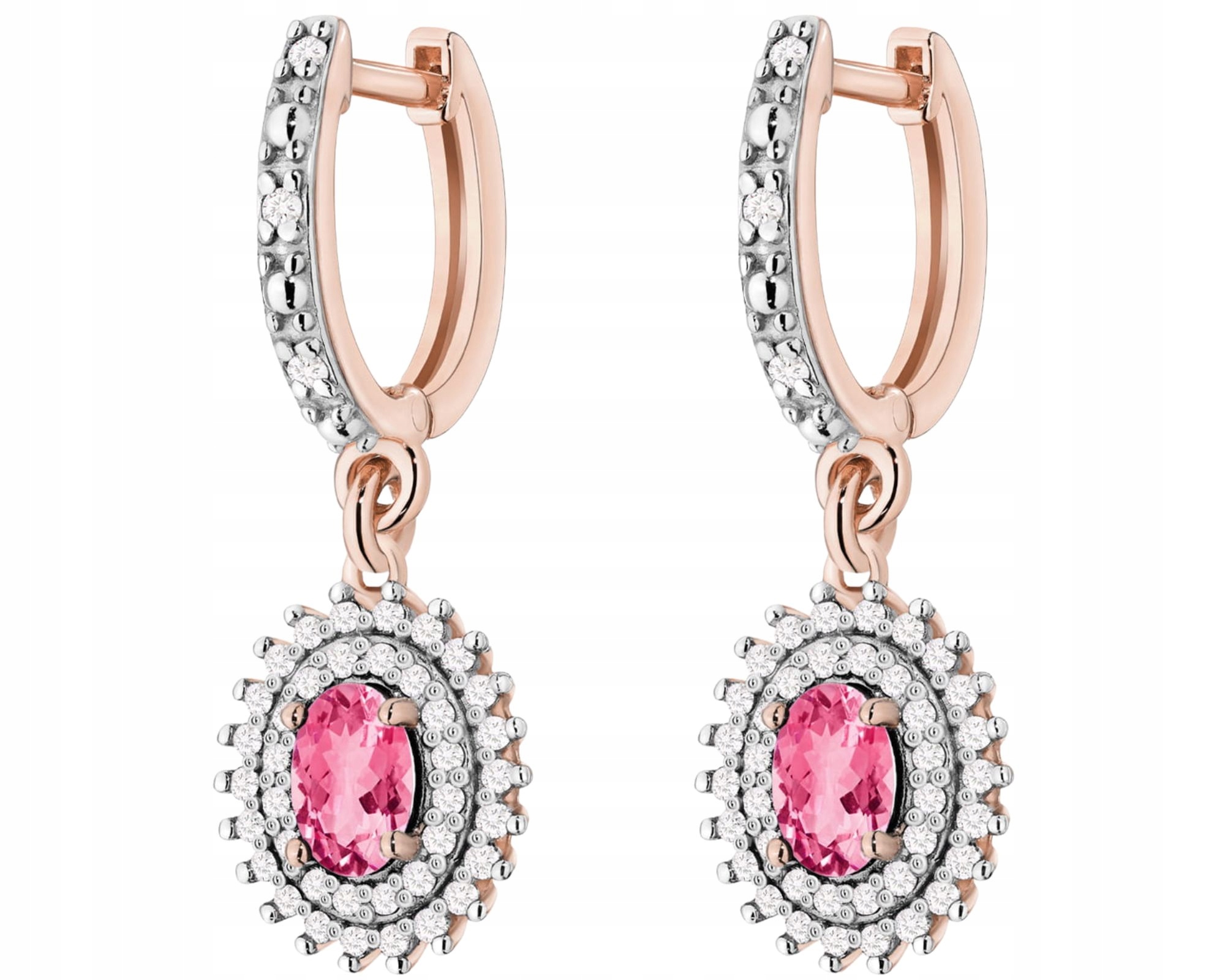 Růžové Zlato Náušnice Přírodní Kámen Růže Topaz Diamanty Zlato 585 14K