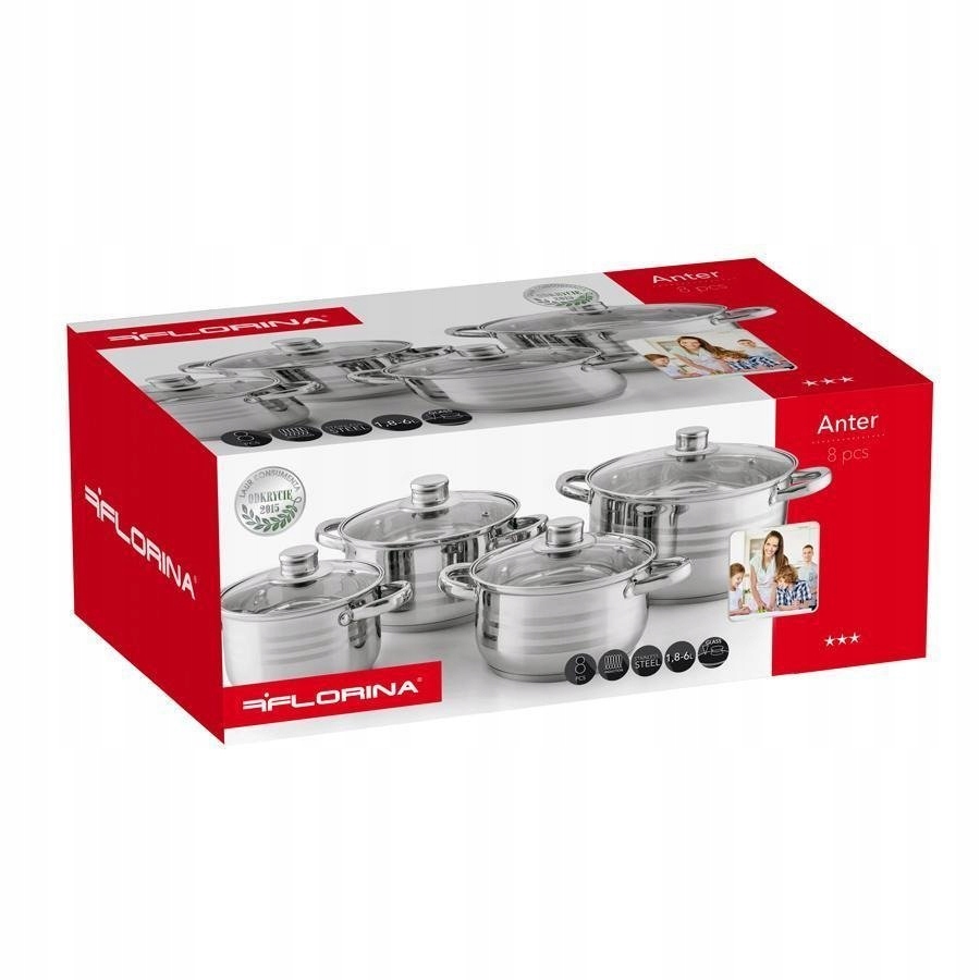 ZESTAW GARNKI 8el STAL NIERDZEWNA ANTER FLORINA Kolor srebrny