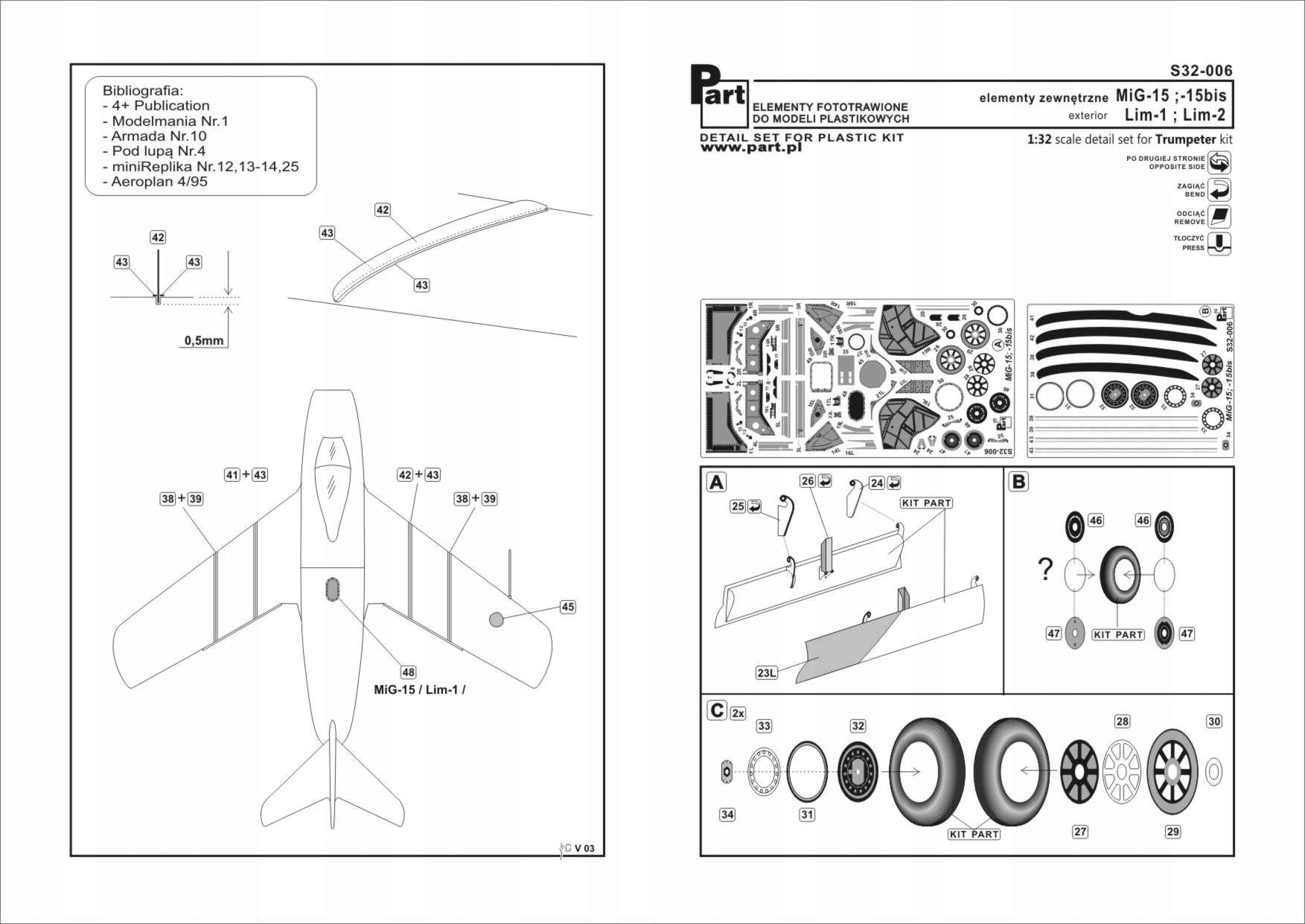 Part S32-006 1/32 MiG-15 vnější prvky (Trumpeter)