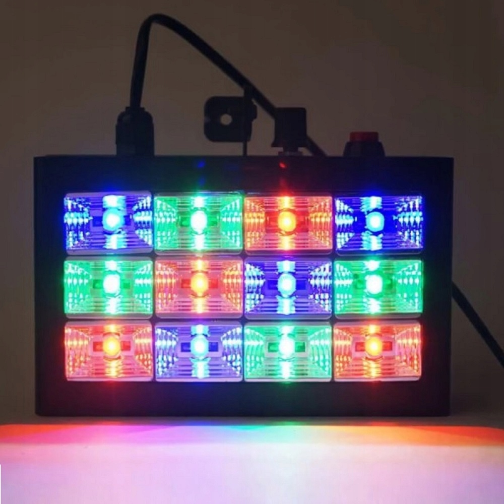 KOLOROFON STROBOSKOP DISCO RGB REFLEKTOR DYSKOTEKOWY 12LED CZUJNIK DŹWIĘKU Stan opakowania oryginalne