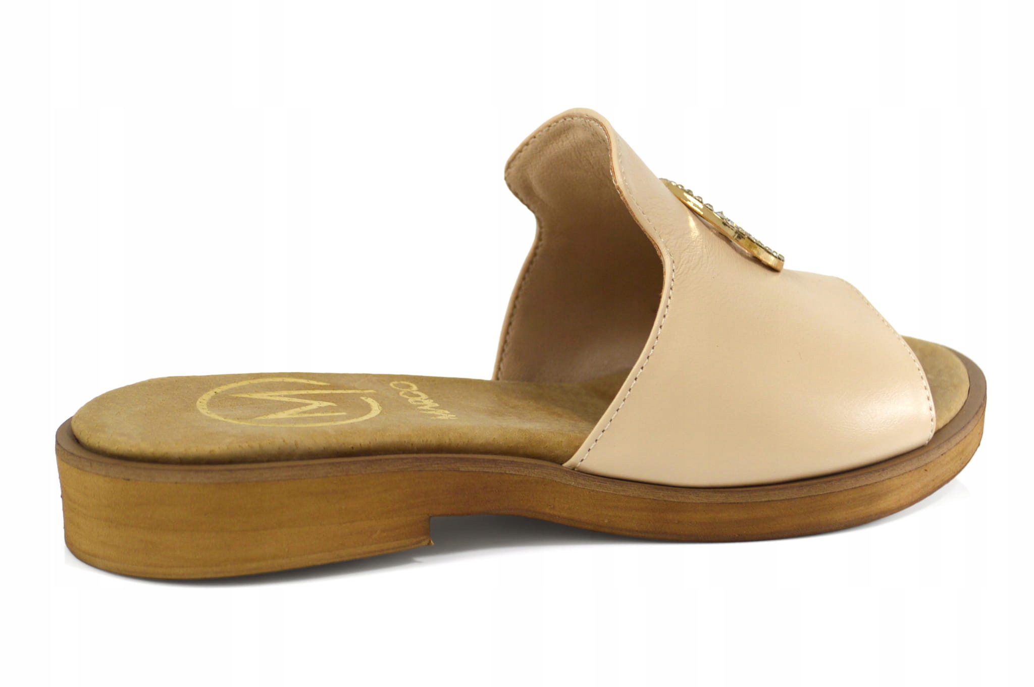 Beżowe klapki skórzane licowe z ozdobą - 36, Beżowy Marka bez marki