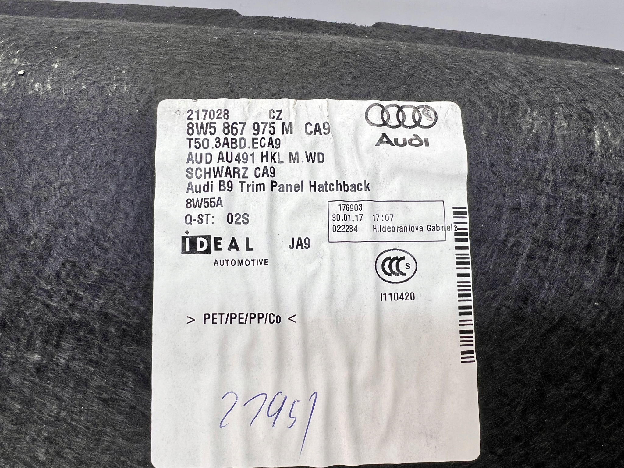 upholstery bonnet rear part AUDI A4 B9 sedan 8W5867975M CA9