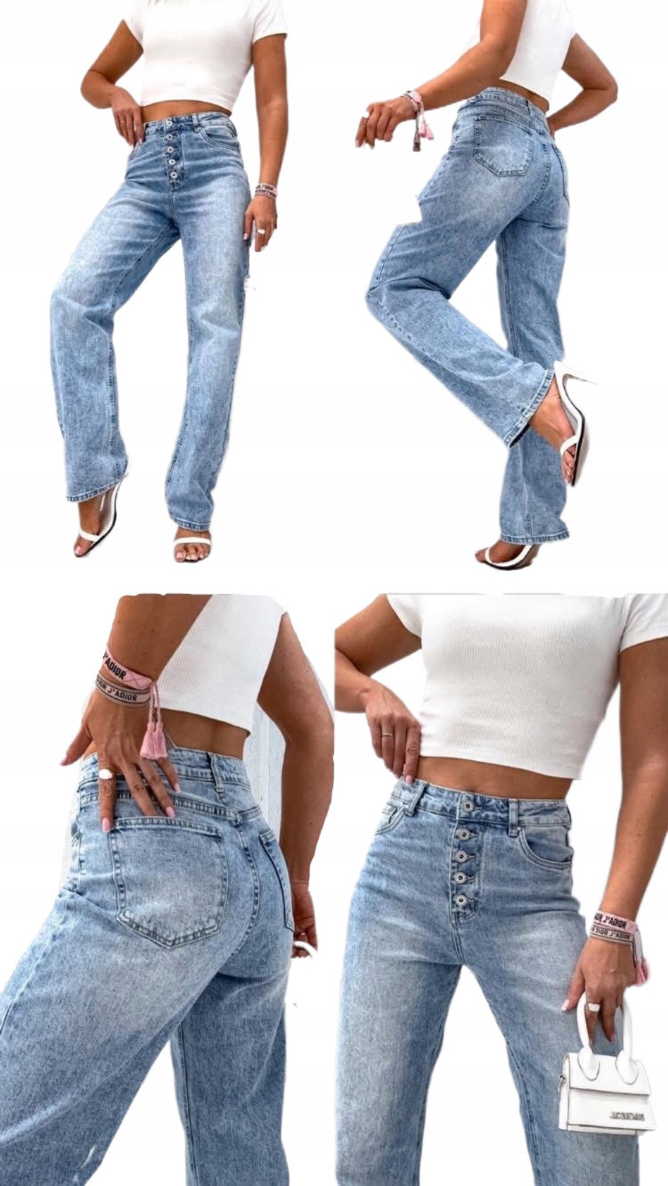 Spodnie Damskie Elastyczne Jeansy Momfit Szerokie Niebieskie Xs