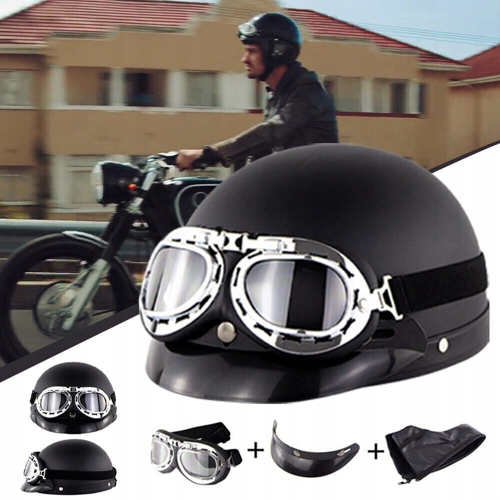 Motocyklová Přilba Helma Retro Brýle Černá Sada
