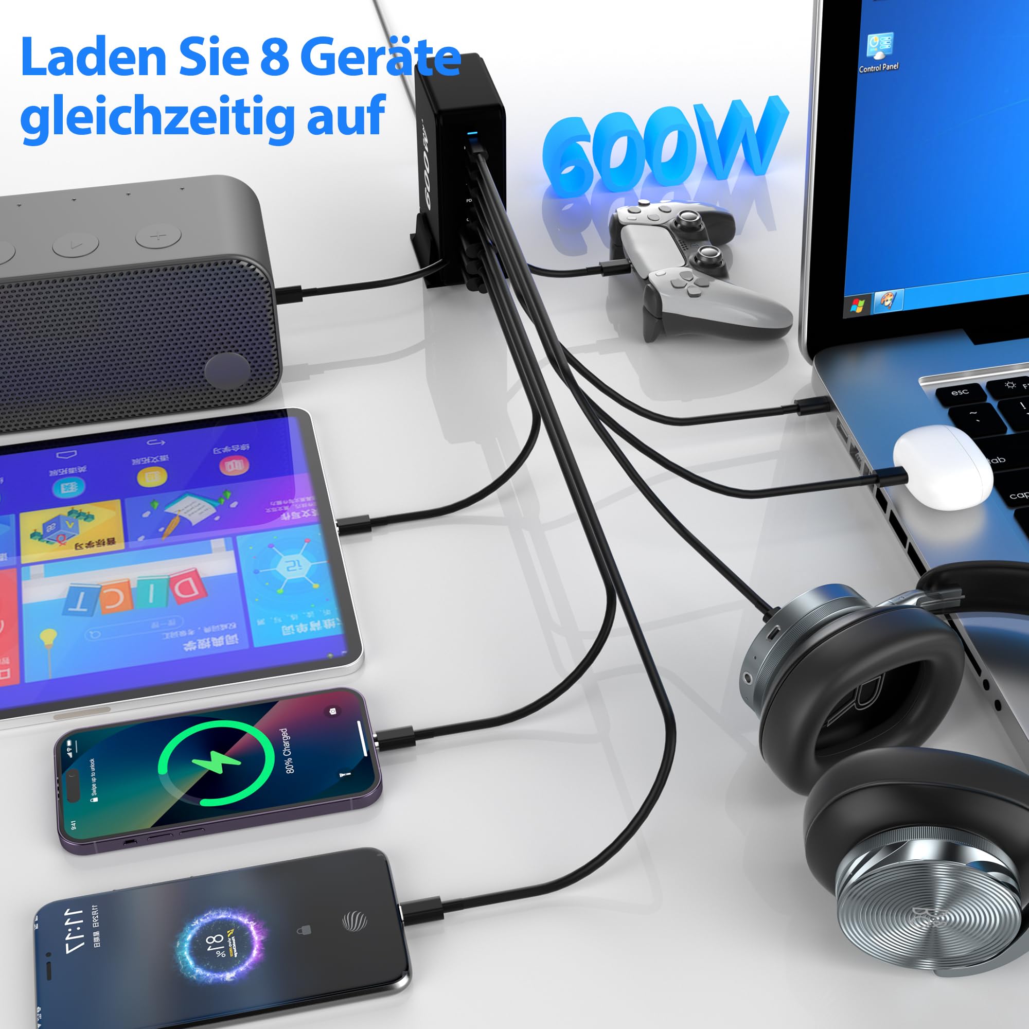 USB C ŁADOWARKA 600W 8-Portowy Adapter Szybkie Ładowanie PD 30 — miniatura 2