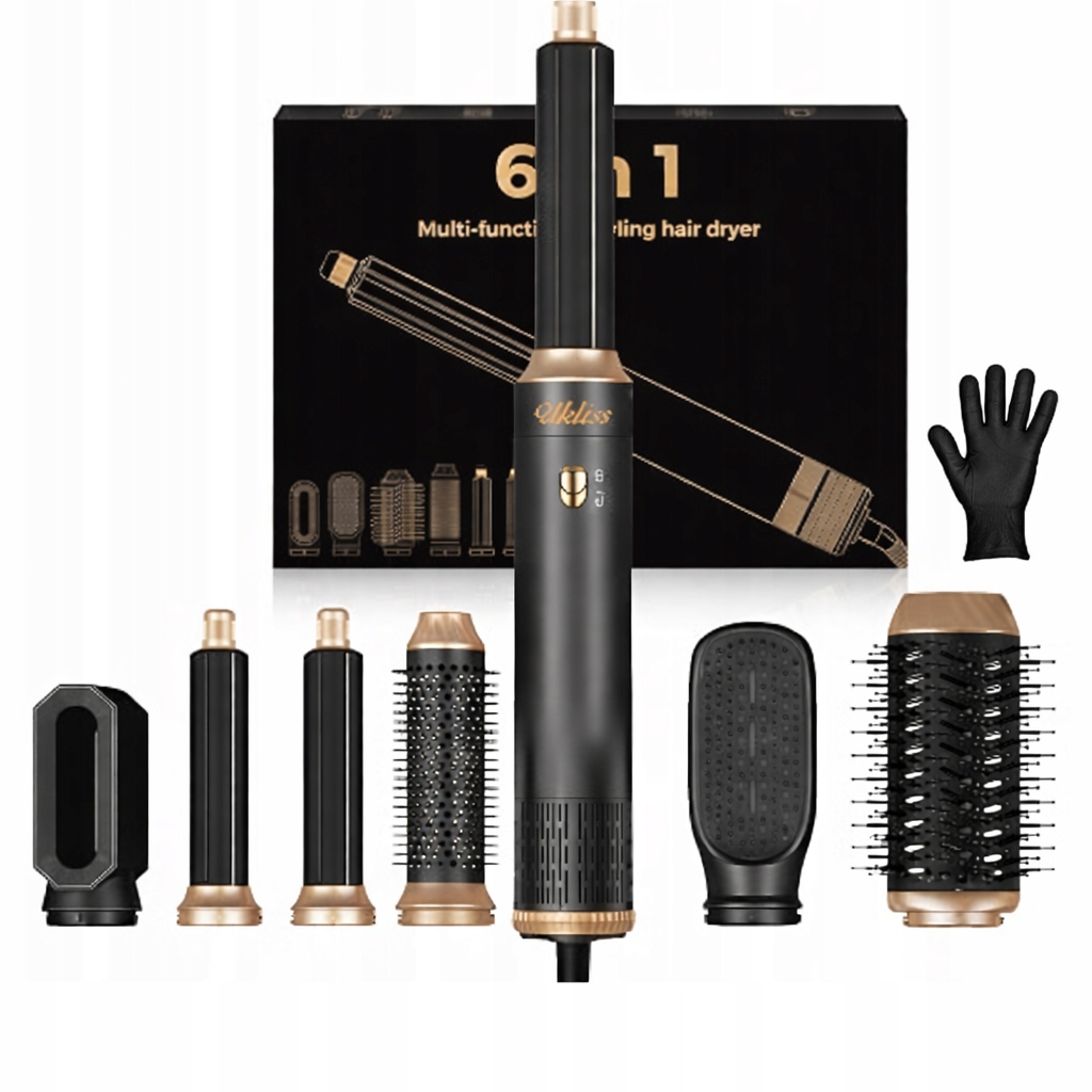 Suszarka do włosów 6w1 czarno złota z rękawicą w zestawie