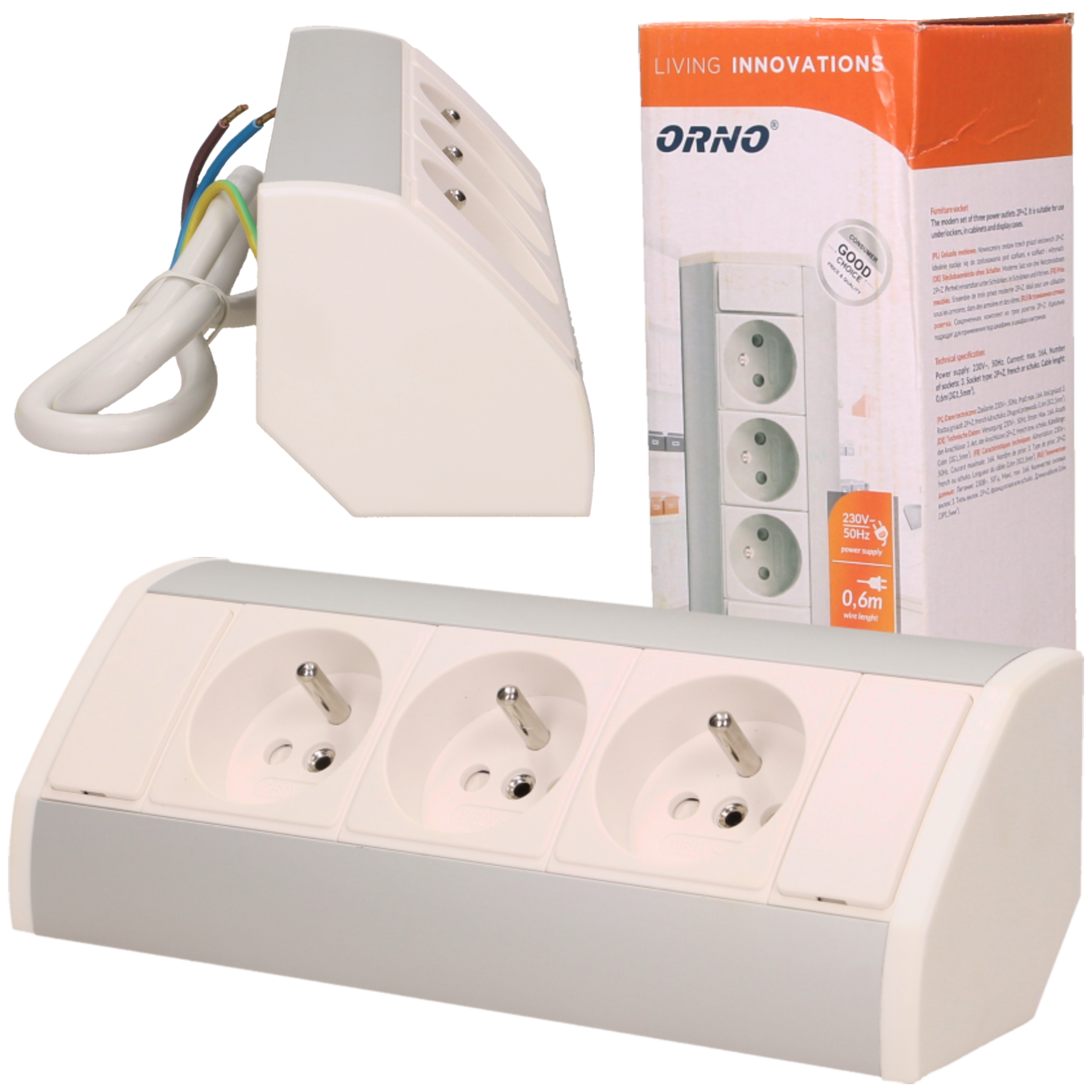 Gniazdo Potrójne Nablatowe Narożne Kuchenne Podszafkowe Kabel Biało-srebrne