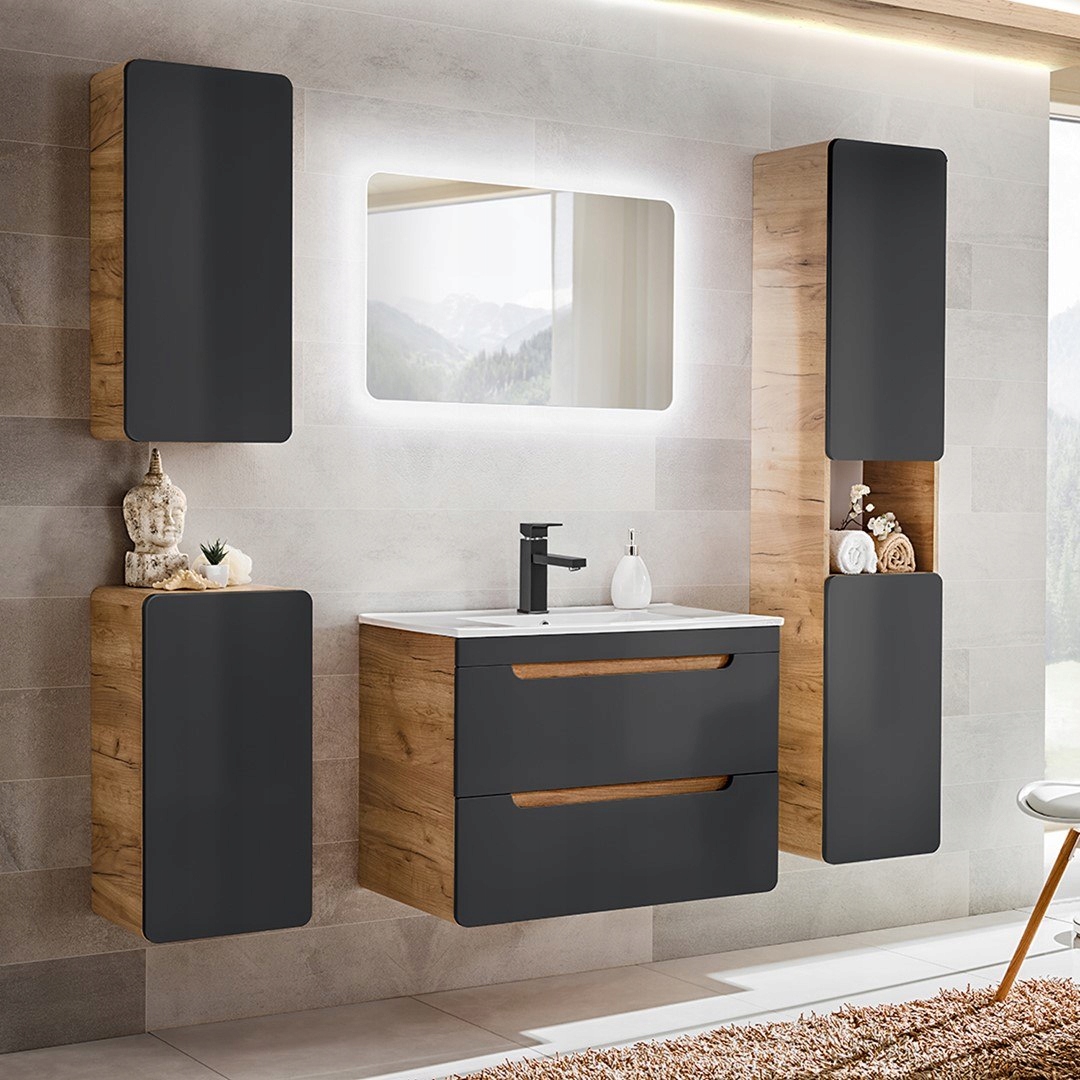 WISZĄCA SZAFKA SŁUPEK DO ŁAZIENKI DĄB ARTISAN CZARNY MAT 170 CM Materiał MDF