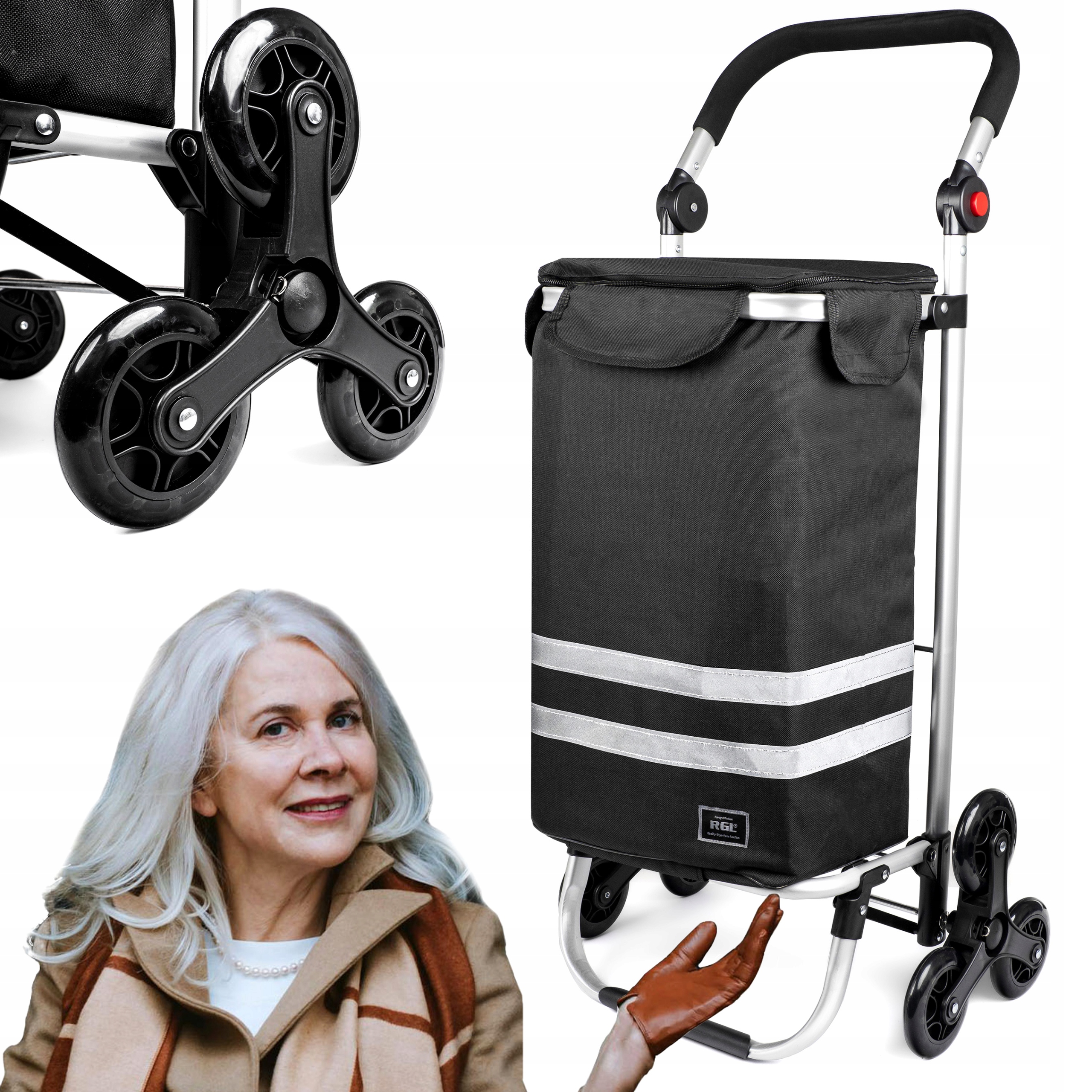 Wózek schodowy składany na zakupy torba trzy łożyskowane kółka 44l lekki