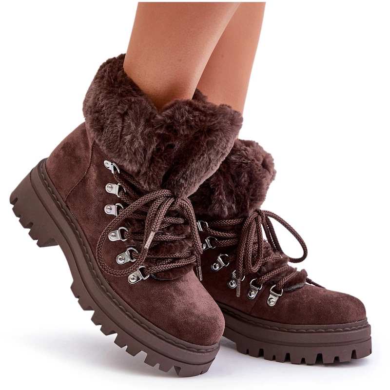 Dámské Šněrovací Trapery S Eko Kožešinou, Semišové, Tmavě Hnědé, Velikost 39