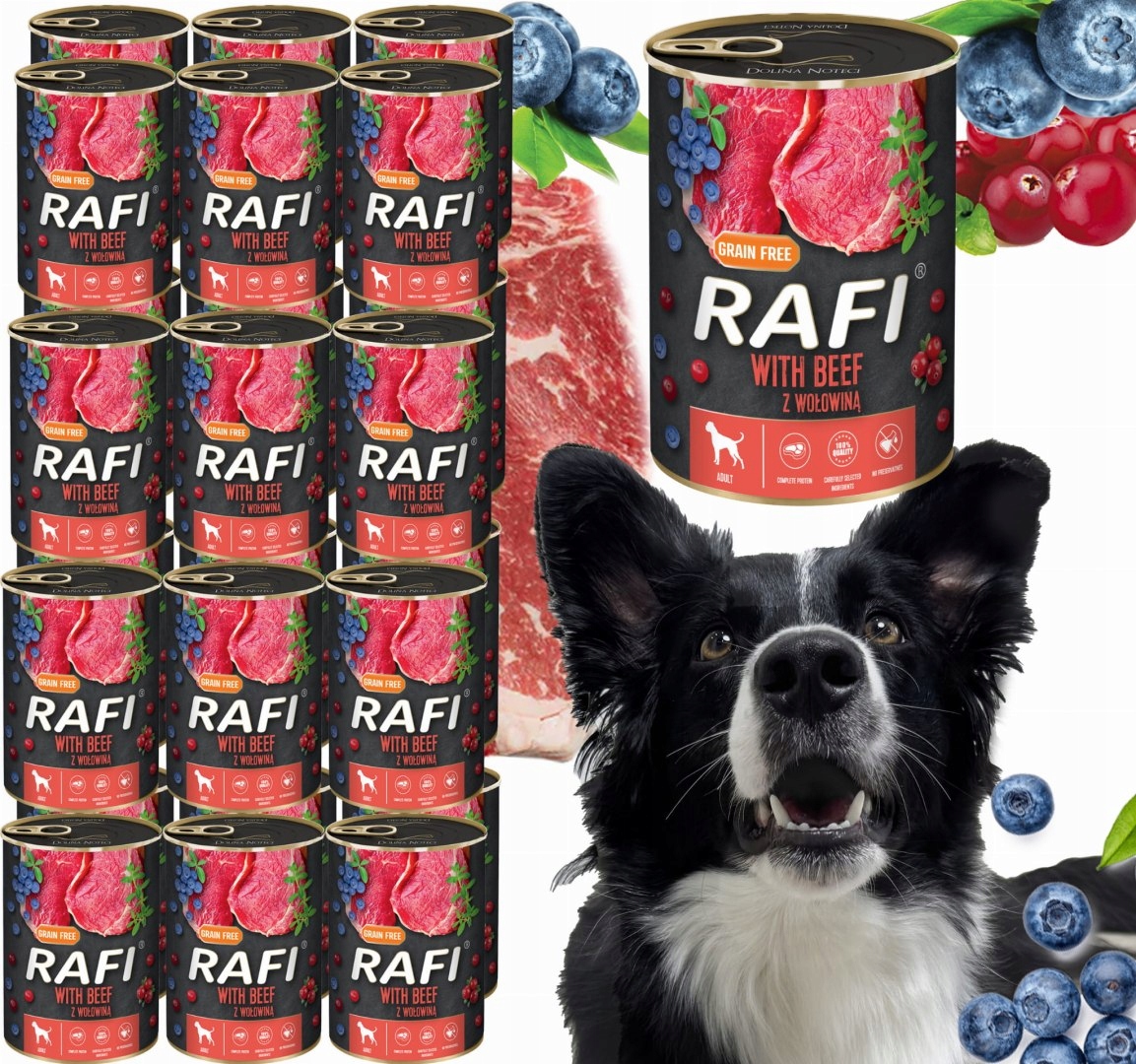 Levně Krmivo pro psy Rafi s hovězím masem, borůvkou a brusinkami 400 g 24 ks Raf