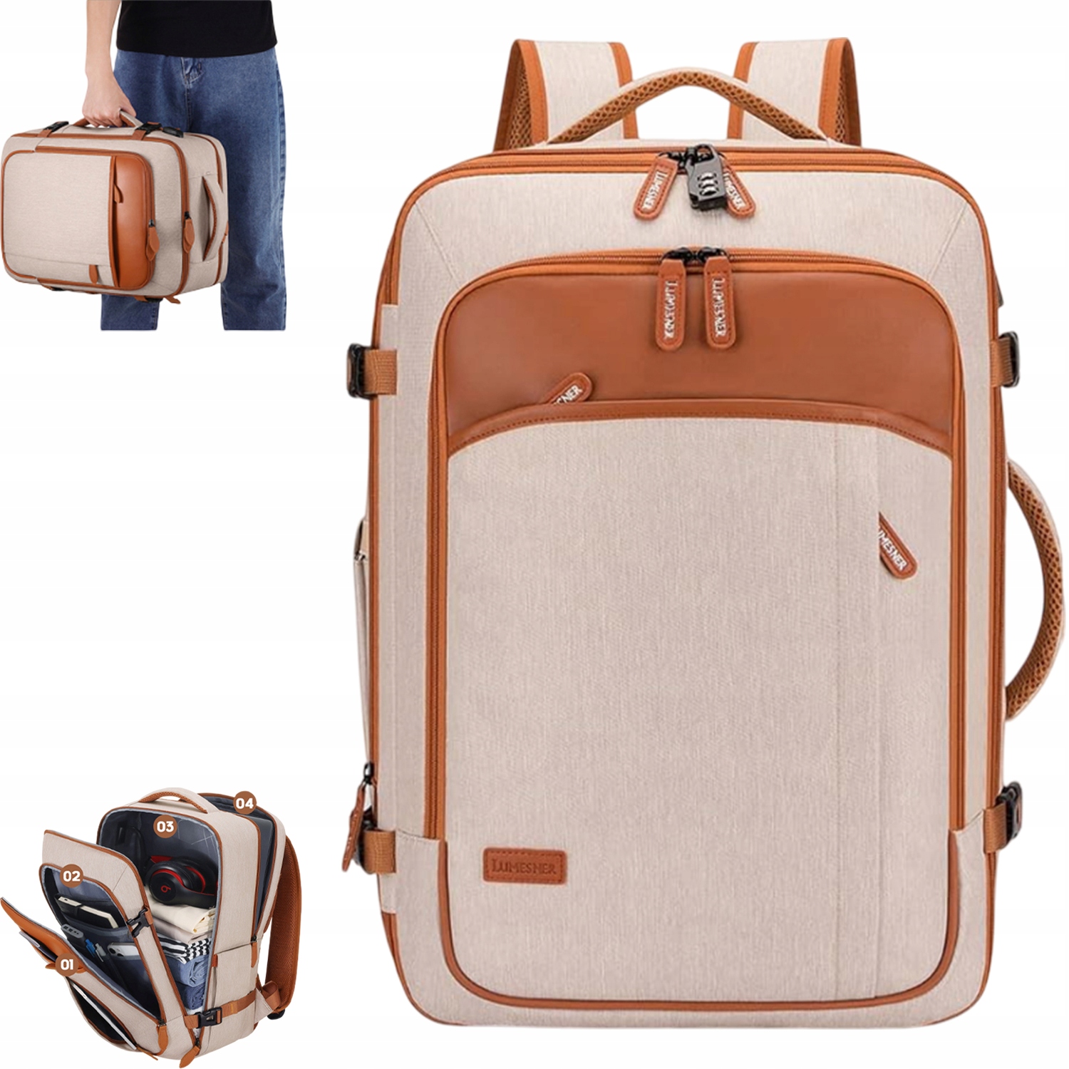 Batoh Pro Cestování A Podnikání 40L 4 Organizéry Na 17'' Notebook Béžový