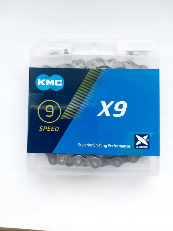Łańcuch 9 rzędowy Kmc X9 szary 114 ogniw w pudełku ze spinką (box)