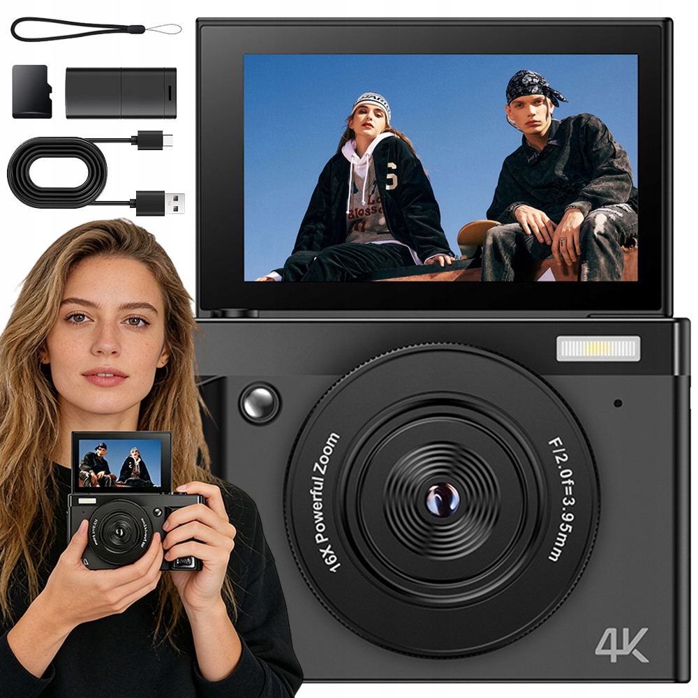 Digitální Fotoaparát 4K 64MP Webová Kamera Zoom 16X Otočná Obrazovka Vlogging