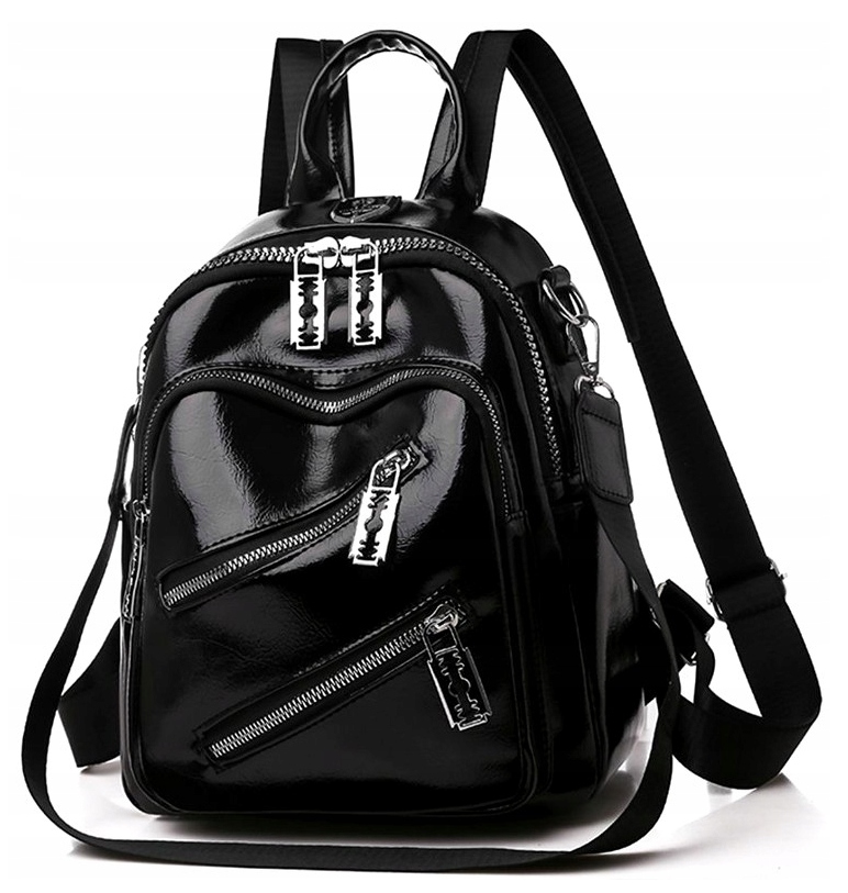 PLECAK DAMSKI SKÓRZANY LAKIEROWANY CZARNY MIEJSKI DO PRACY SZKOŁY ŻYLETKI