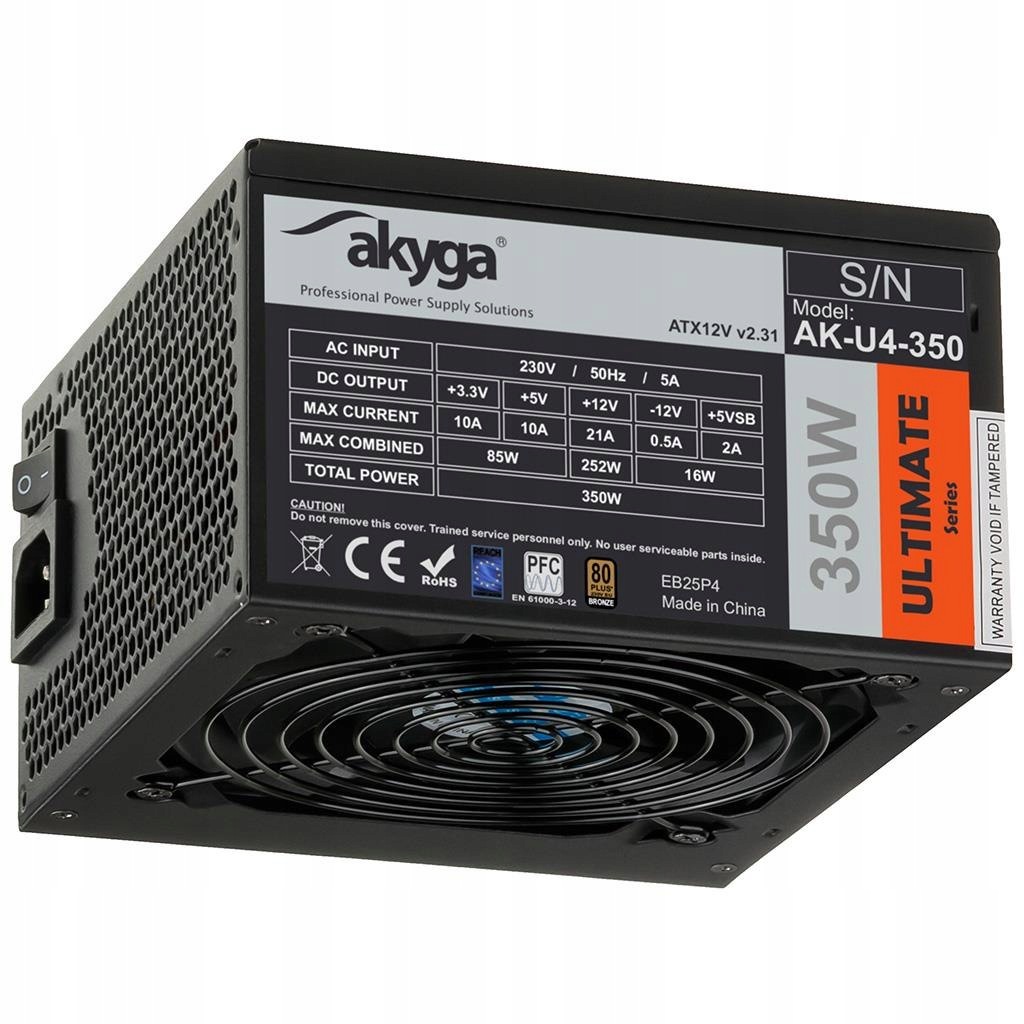 Zasilacz Atx 350W Akyga Ultimate AK-U4-350 80+ Bronze Fan12cm P8 4xSATA Pci