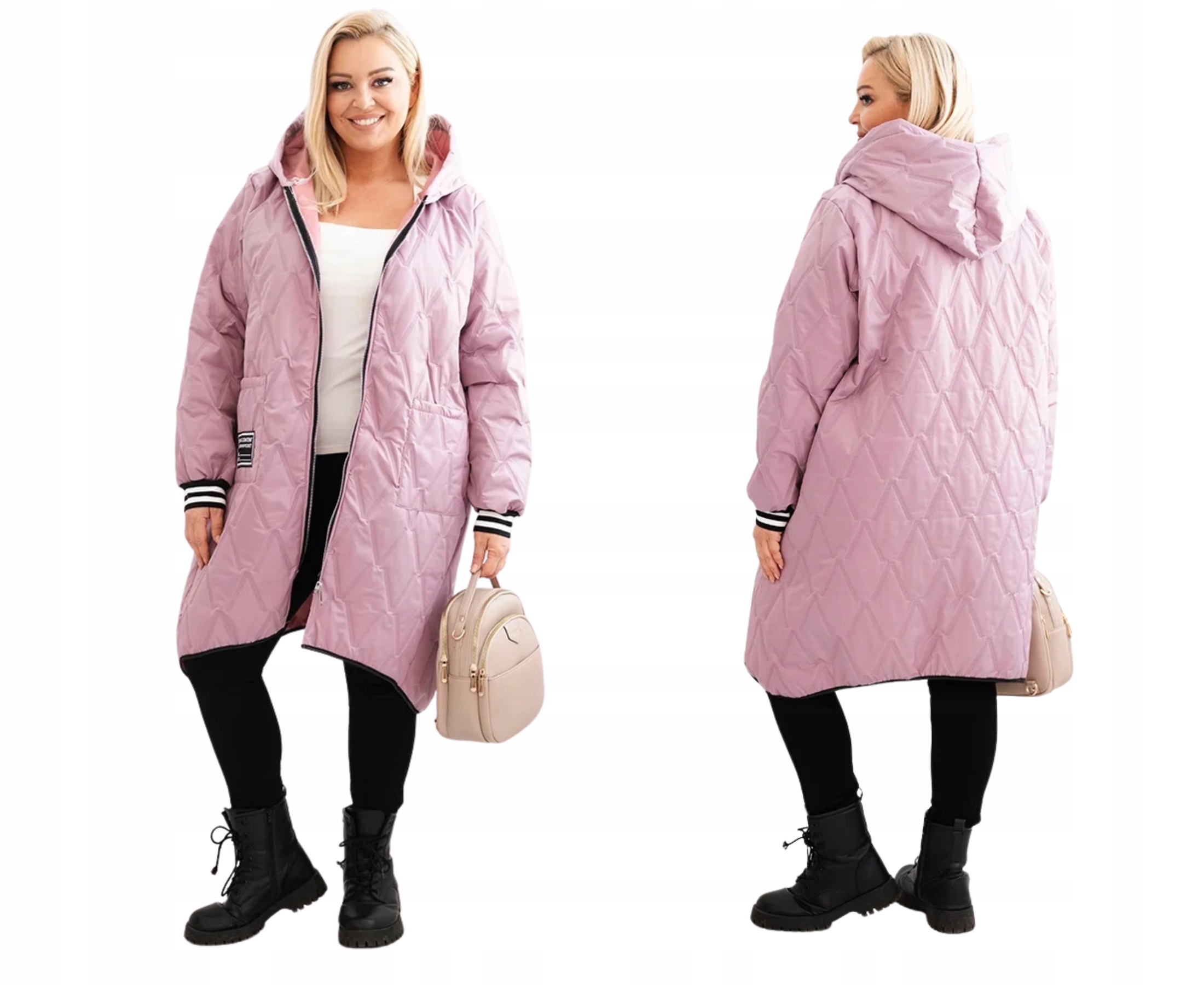 Tmavě růžová dámská prošívaná zateplená bunda Plus Size s kapucí