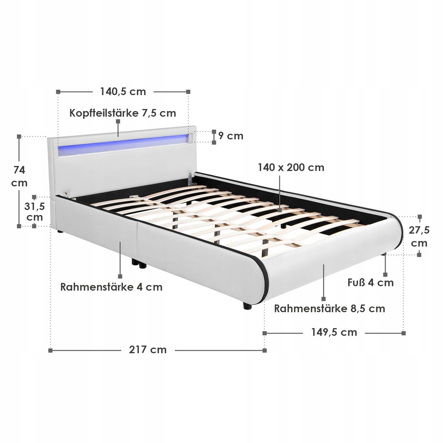 620 Łóżko tapicerowane stelaż LED 140x200 SEVI RGB Szerokość mebla 150 cm