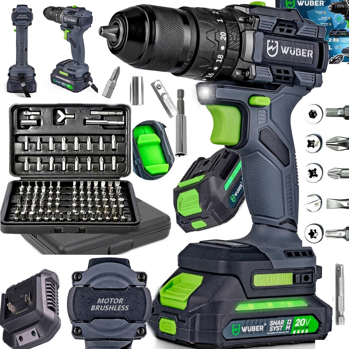 Wkrętarka Akumulatorowa Udarowa Bezszczotkowa 20V 2xAku Wuber Mocna Komplet