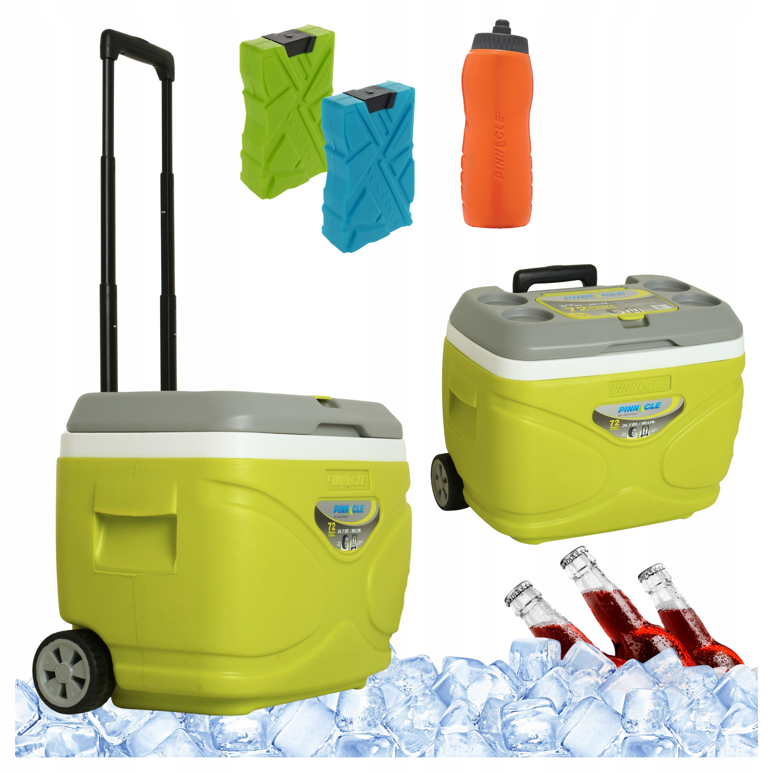 Turistická lednička s kolečky Pinnacle 30 l limetka 2 náplně 330 ml lahev na pití 1 l