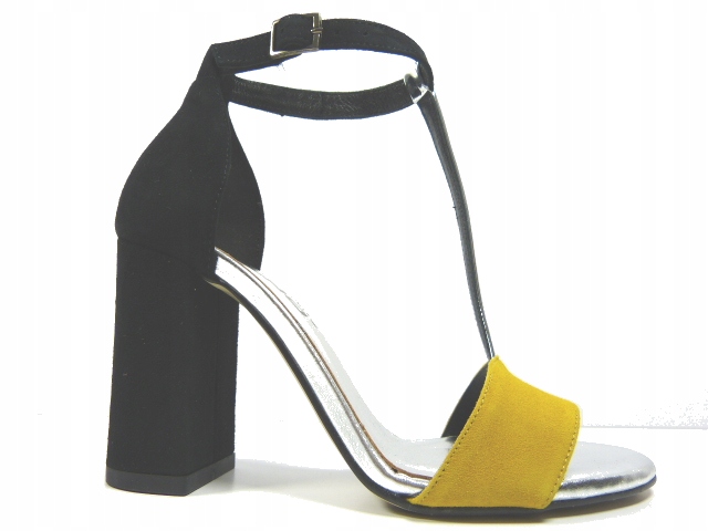 žluto-černé sandály na podpatku se zapínáním na kotník, stabilní podpatek Karino 39