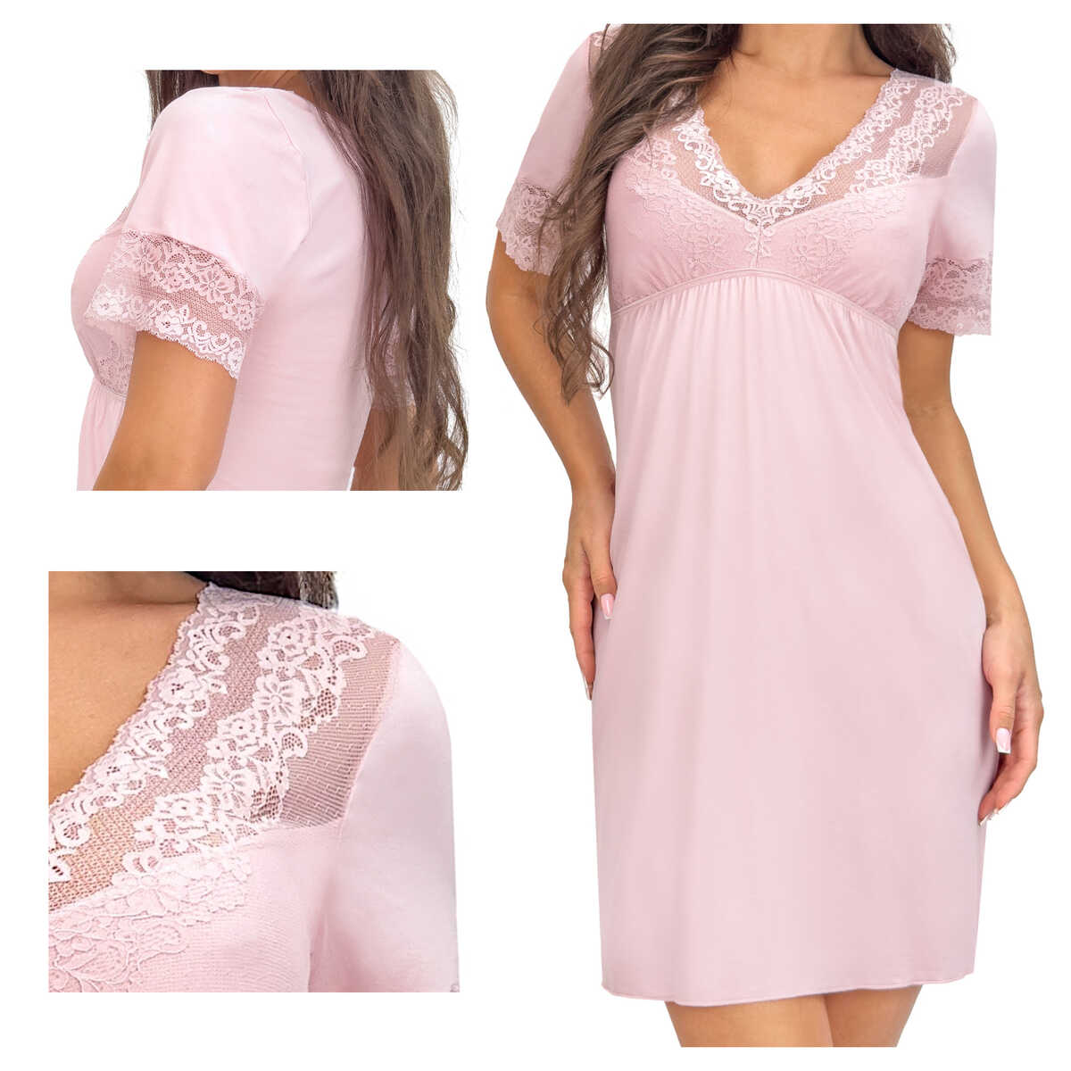 Donna Košile noční z viskózy s krátkým rukávem, krajka Linda pudrová růžová XL