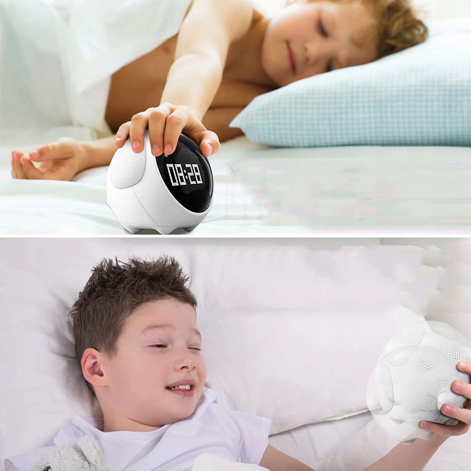 ZEGAR BUDZIK + LAMPKA NOCNA LED DLA DZIECI 2W1 Z INTERAKTYWNY EMOJI BIAŁY Średnica 11 cm