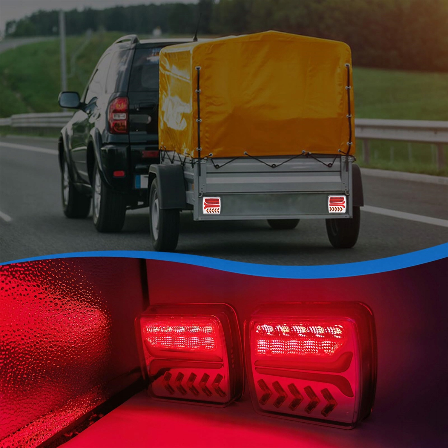 Belaidžių magnetinių priekabos LED žibintų komplektas, 12–24 V, 7 kontaktų, IP65, 4 funkcijų, 2000 mAh, su numerio apšvietimu