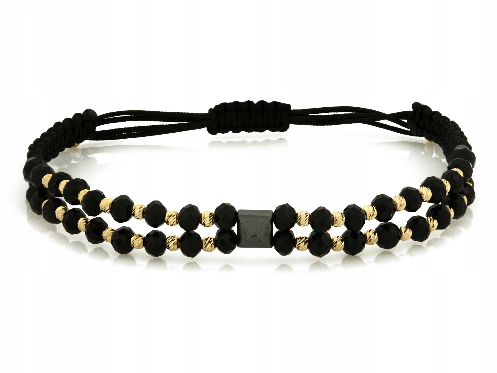 Provázkový náramek se zlatými kuličkami 585 a černými zirkony na černém provázku