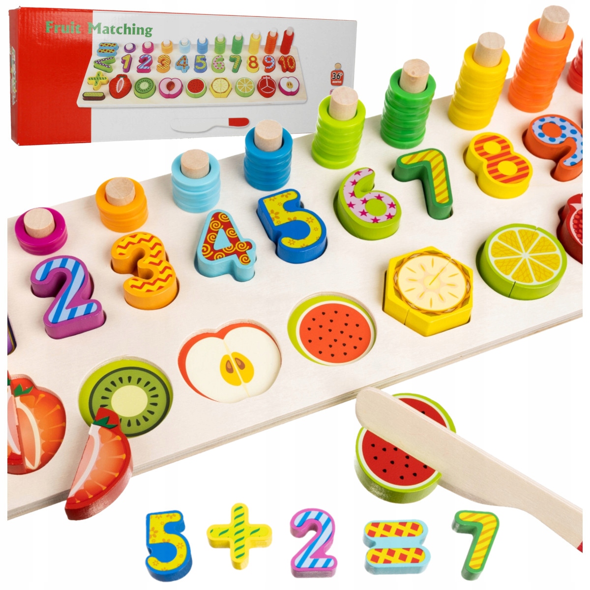 MONTESSORI DREWNIANE LICZYDŁO CYFRY LITERY OWOCE