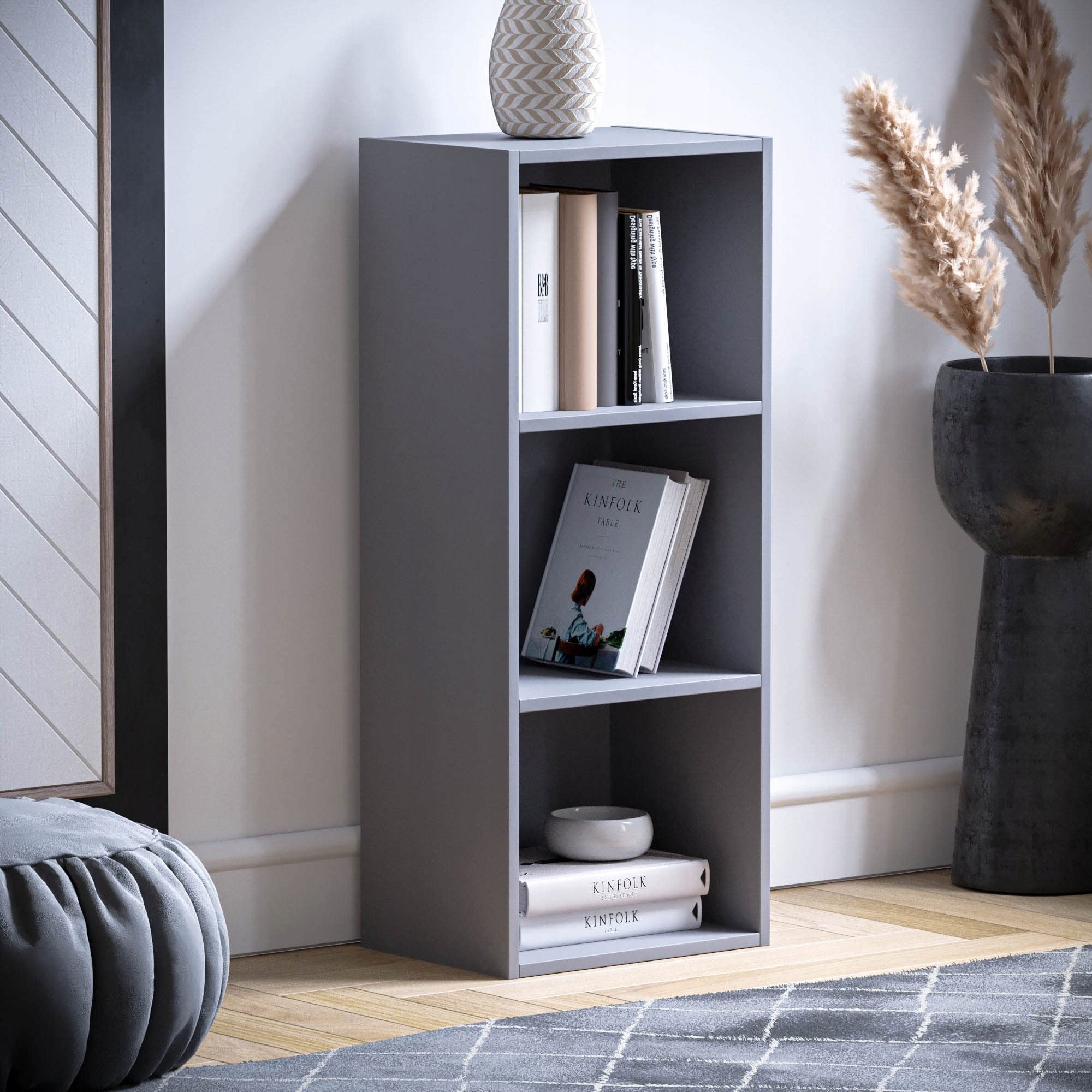 Vida Designs Oxford 3 Tier Cube Bookcase, Grey Wooden Shelving Display Stor